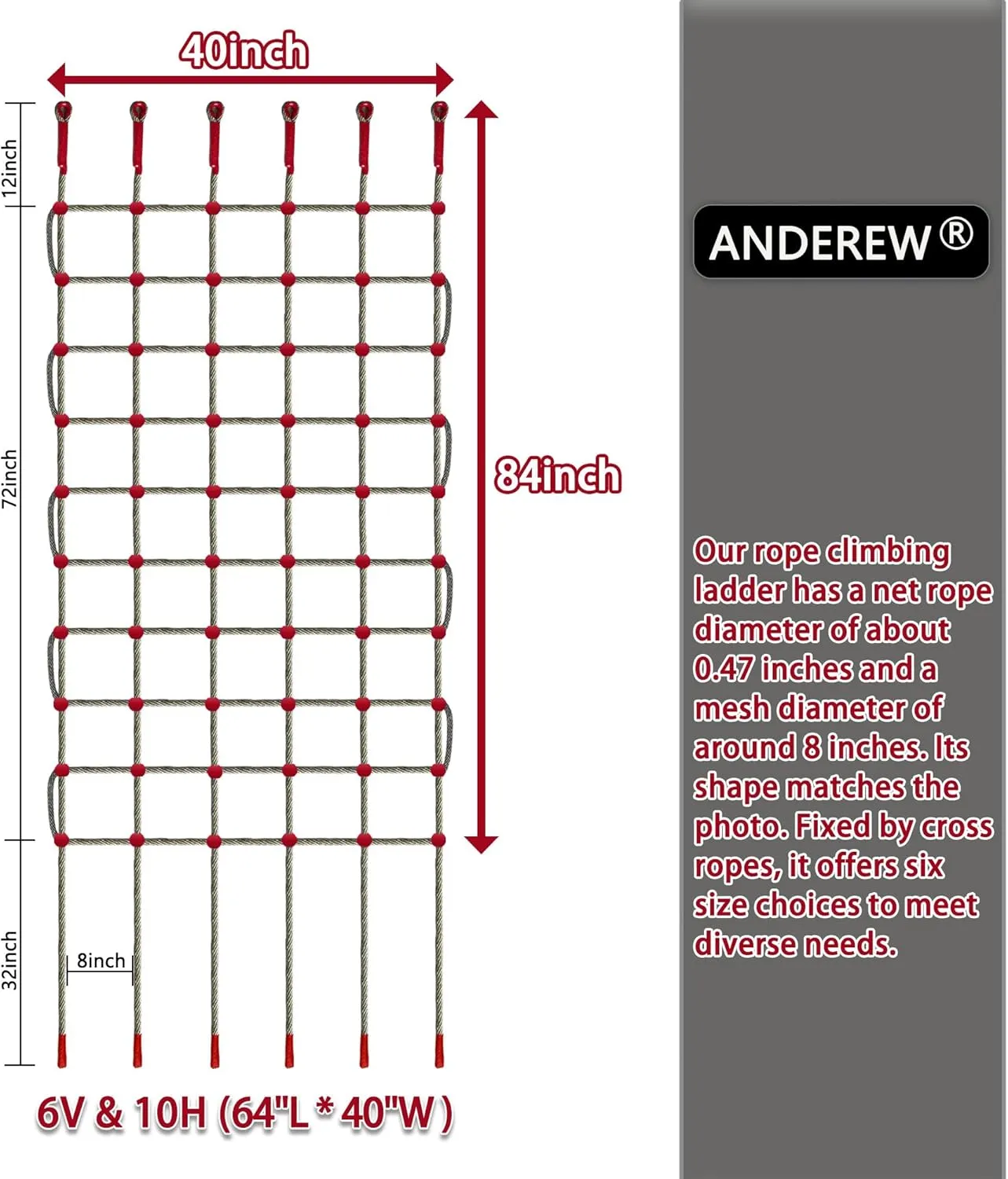 ANDEREW Premium Heavy-Duty Climbing Net & Rope Ladder - 6 Sizes, Versatile for Indoor/Outdoor, Kids' Jungle Gyms, Swingset, Treehouse, Safety Protection Net (5V & 8H (68" L x 32" W))