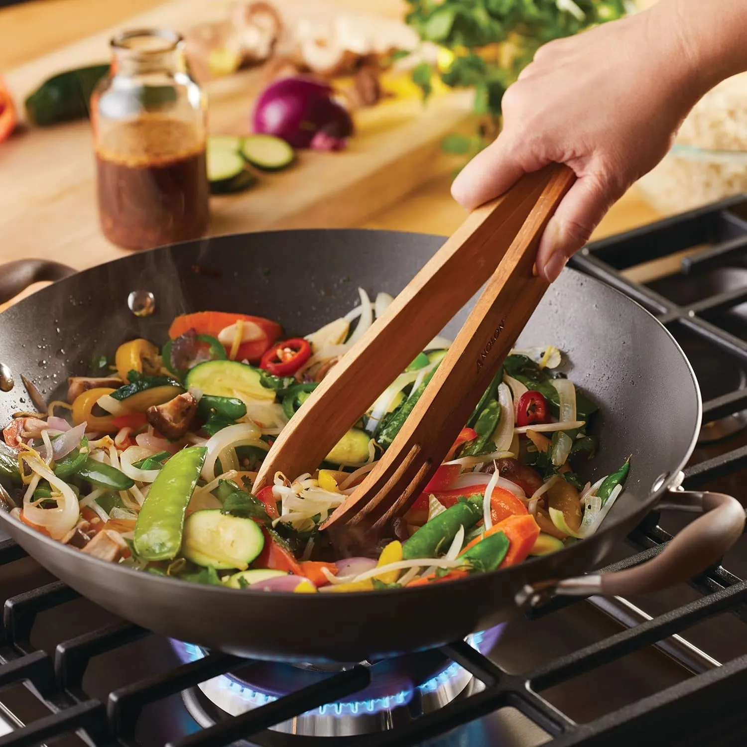 Anolon Advanced Home Hard Anodized Nonstick Wok/Stir Fry with Lid and Cooking Tool, 14 Inch, Bronze