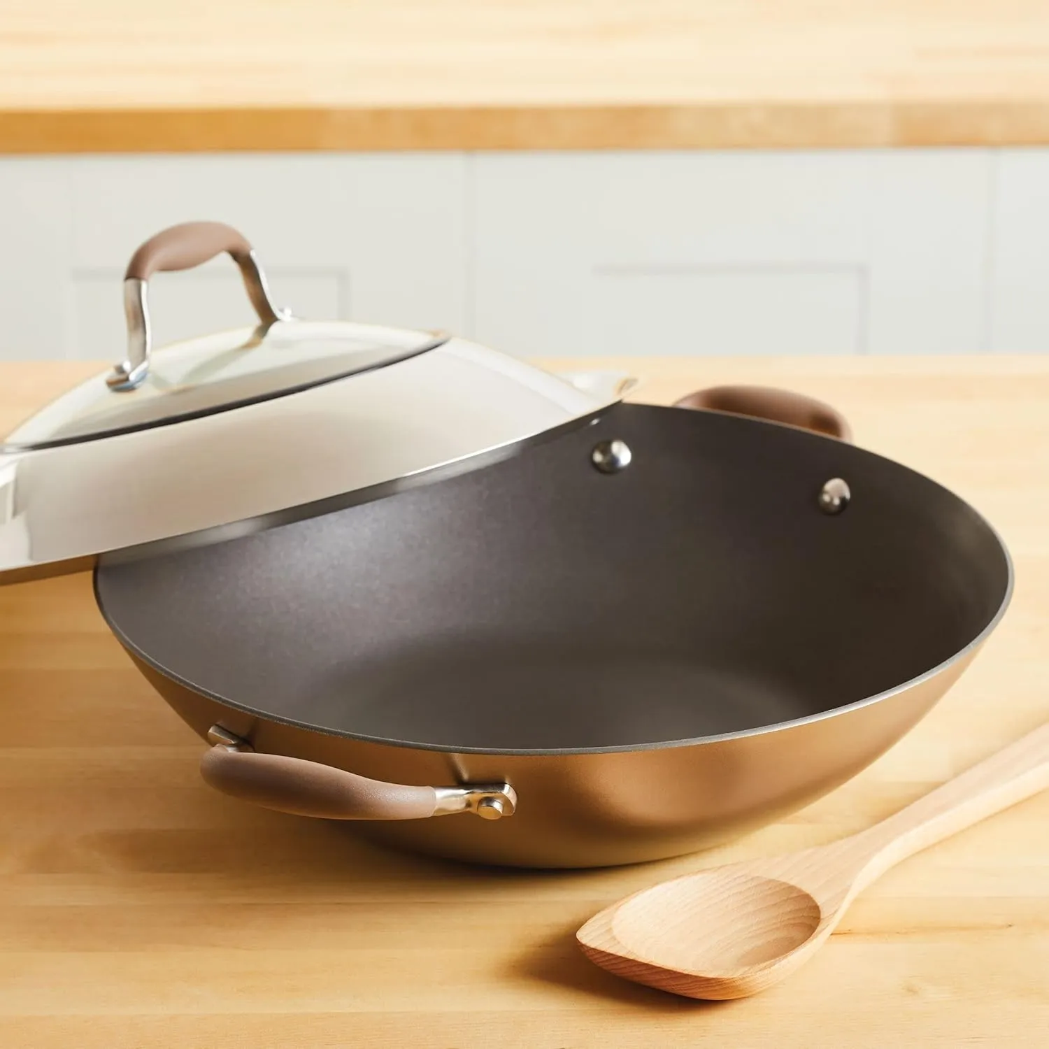 Anolon Advanced Home Hard Anodized Nonstick Wok/Stir Fry with Lid and Cooking Tool, 14 Inch, Bronze
