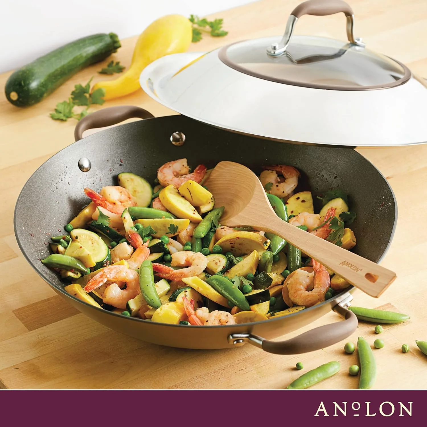 Anolon Advanced Home Hard Anodized Nonstick Wok/Stir Fry with Lid and Cooking Tool, 14 Inch, Bronze