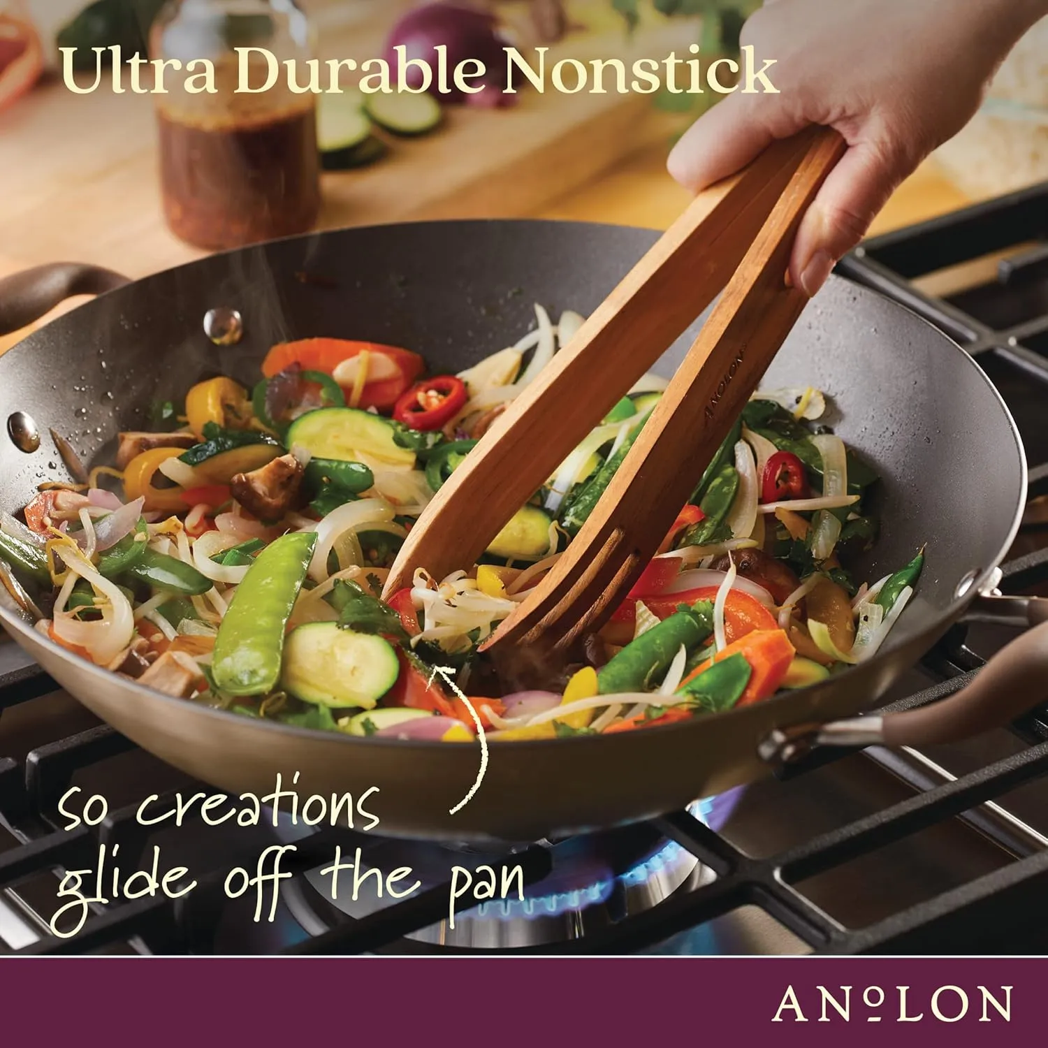 Anolon Advanced Home Hard Anodized Nonstick Wok/Stir Fry with Lid and Cooking Tool, 14 Inch, Bronze