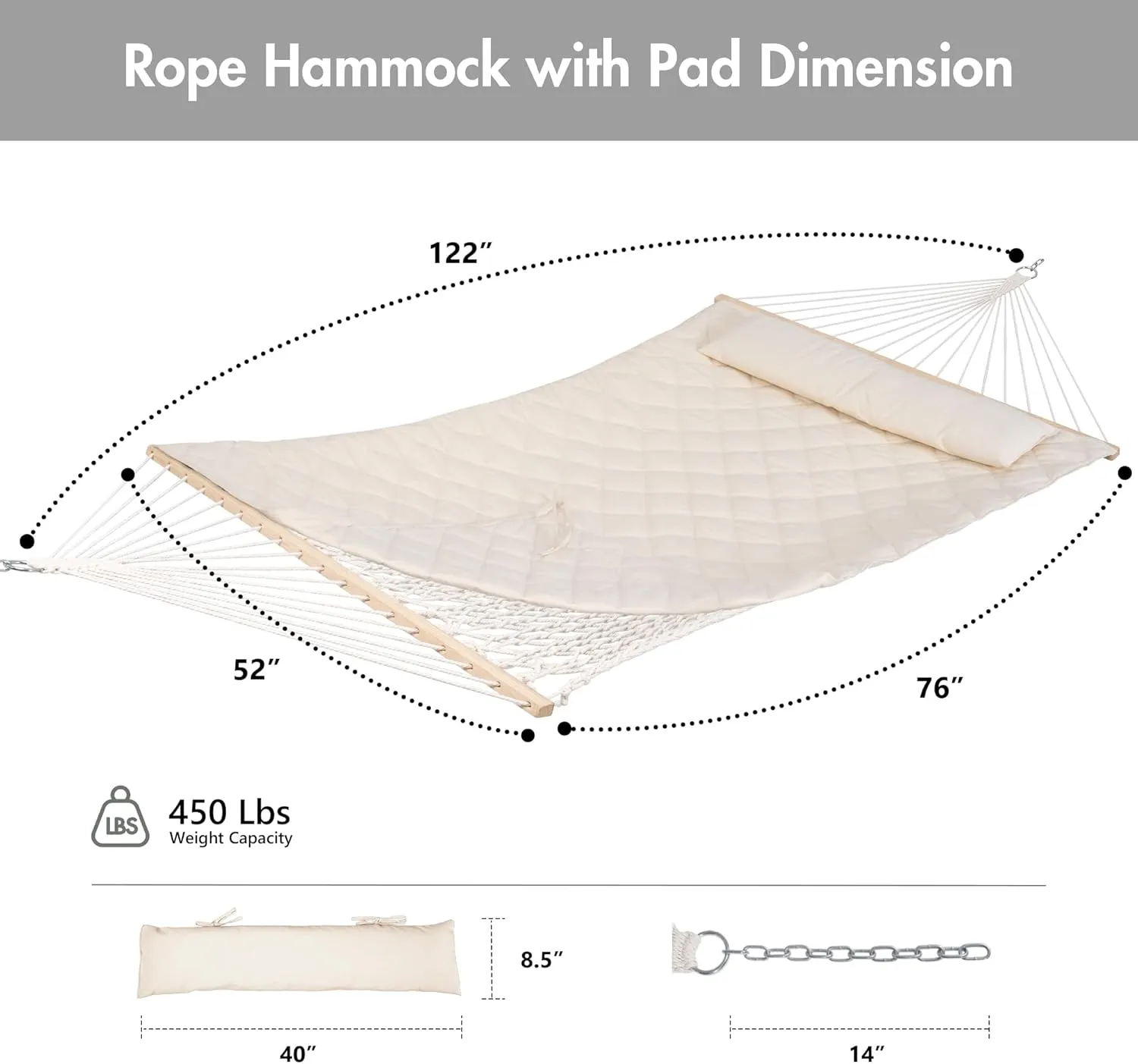 ANOW Outdoor Rope Hammock with Spreader Bars, Heavy Duty Hammock with Pad for Outdoors, 450 LBS Weight Capacity, Cream