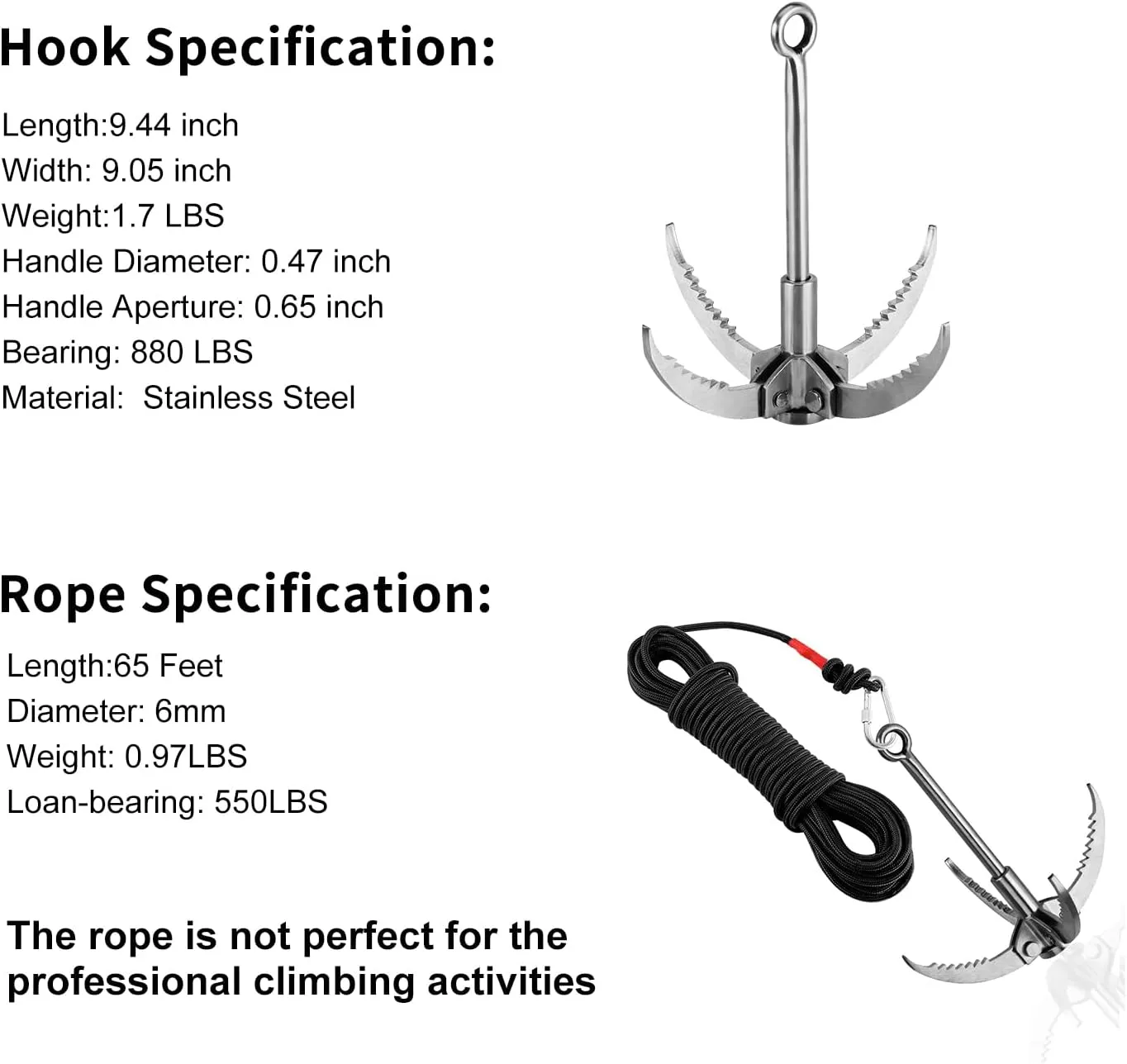 Ant Mag Grappling Hook Stainless Steel Claw Carabiner for Camping Hiking Tree Grabbing and Water Lifting Salvage