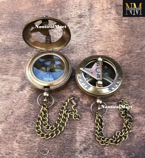 Antique Push Button Sundial Compass Solid Brass Pocket Navigational Collectible Chained Compass for Camping & Hiking