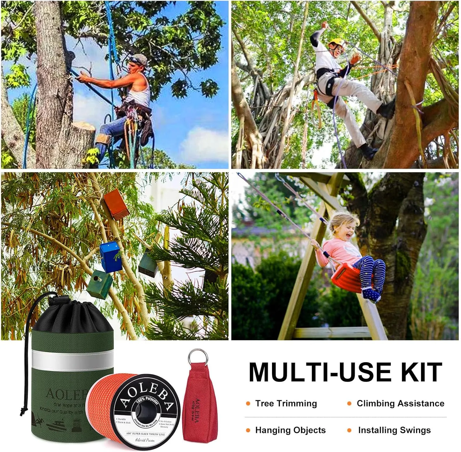 AOLEBA Arborist Throw Line Kit, Slick Arborist Rope Throw Weight Set with Reflective Storage Bag, 100% Polyester Rope, Arborist Equipment for High Limb, Throwing, Climbing, Tree Cutting