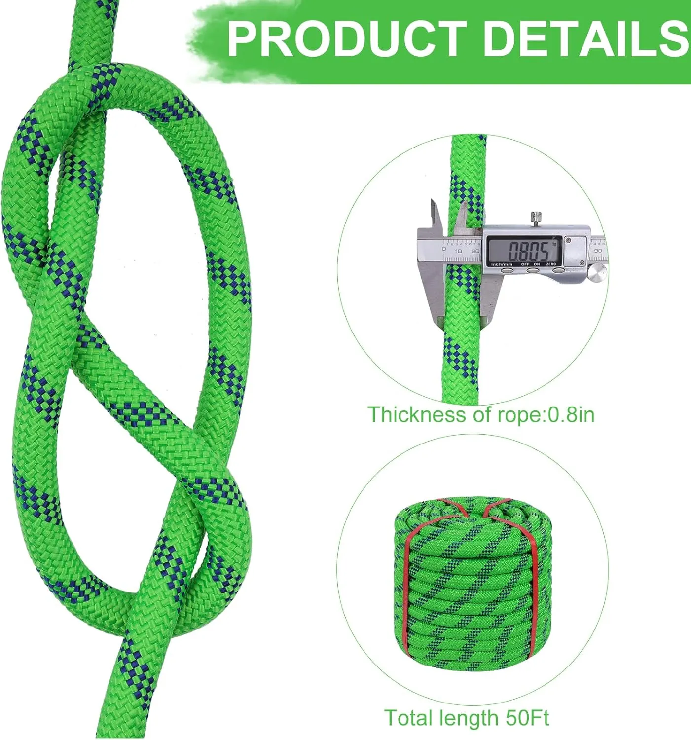 Arborist Rope 3/4 inch x 50ft Climbing Rope 48 Strands Green Polyester Rope for Hiking Camping Swing Rappelling Rescue