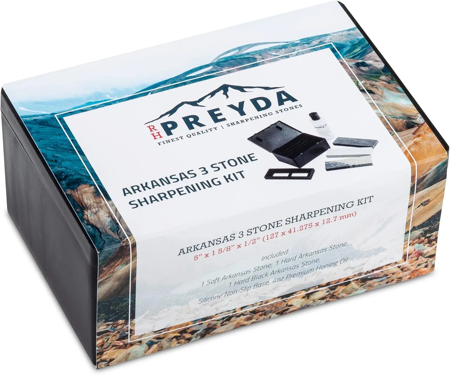 Arkansas 3-Stone Sharpening Kit, Sharpening Stones and Premium Honing Oil for a Wide Variety of Blades, 5 x 1-5/8 x 1/2-Inch Whetstones with Non-Slip Base and PVC Storage Box, by RH Preyda
