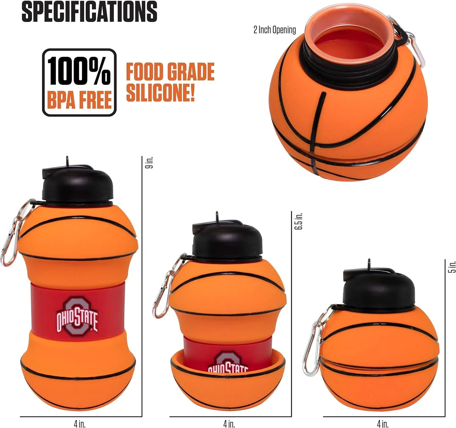 ART Ohio State Clip-On Collapsible 1 Liter, 34 Oz. Size Bpa-Free Silicone Basketball Large Water Bottle
