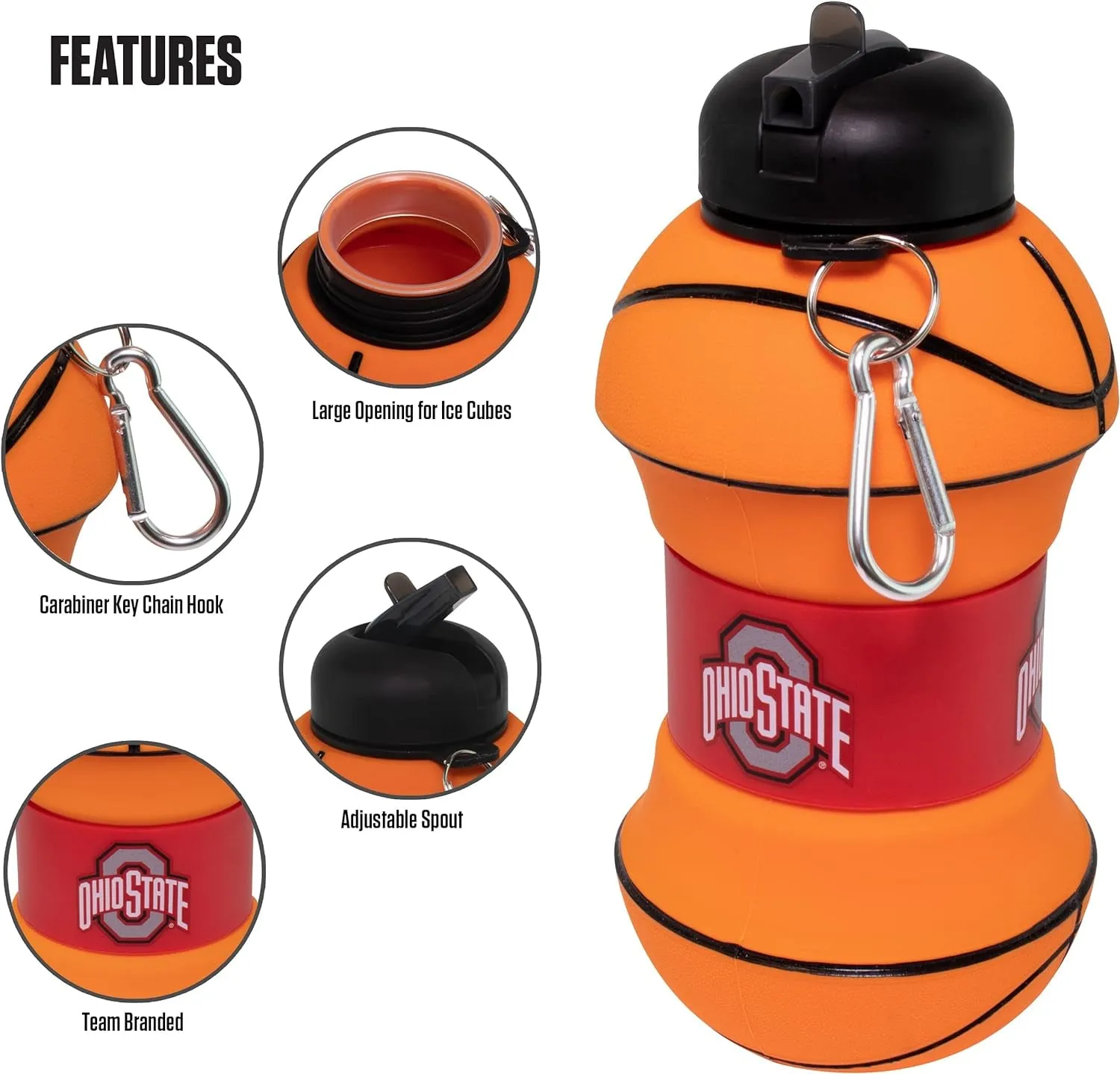 ART Ohio State Clip-On Collapsible 1 Liter, 34 Oz. Size Bpa-Free Silicone Basketball Large Water Bottle
