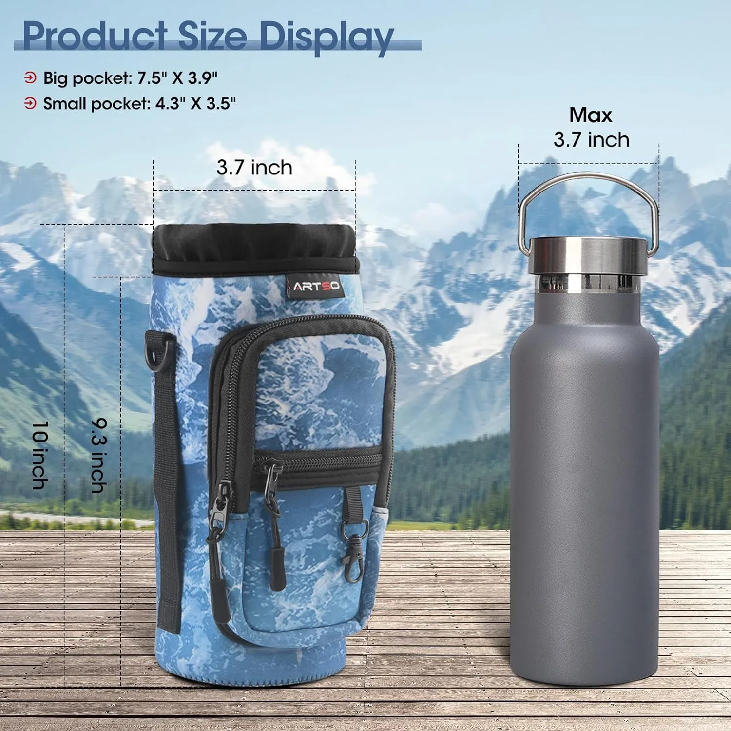 ARTSO Water Bottle Carrier Bag Sling Holder Pouch, 25oz 32oz 40oz 64oz Insulated Water Bottle Sleeve Case Cover with Adjustable Shoulder Hand Strap Pocket for Hiking Camping Travelling, Ocean Waves