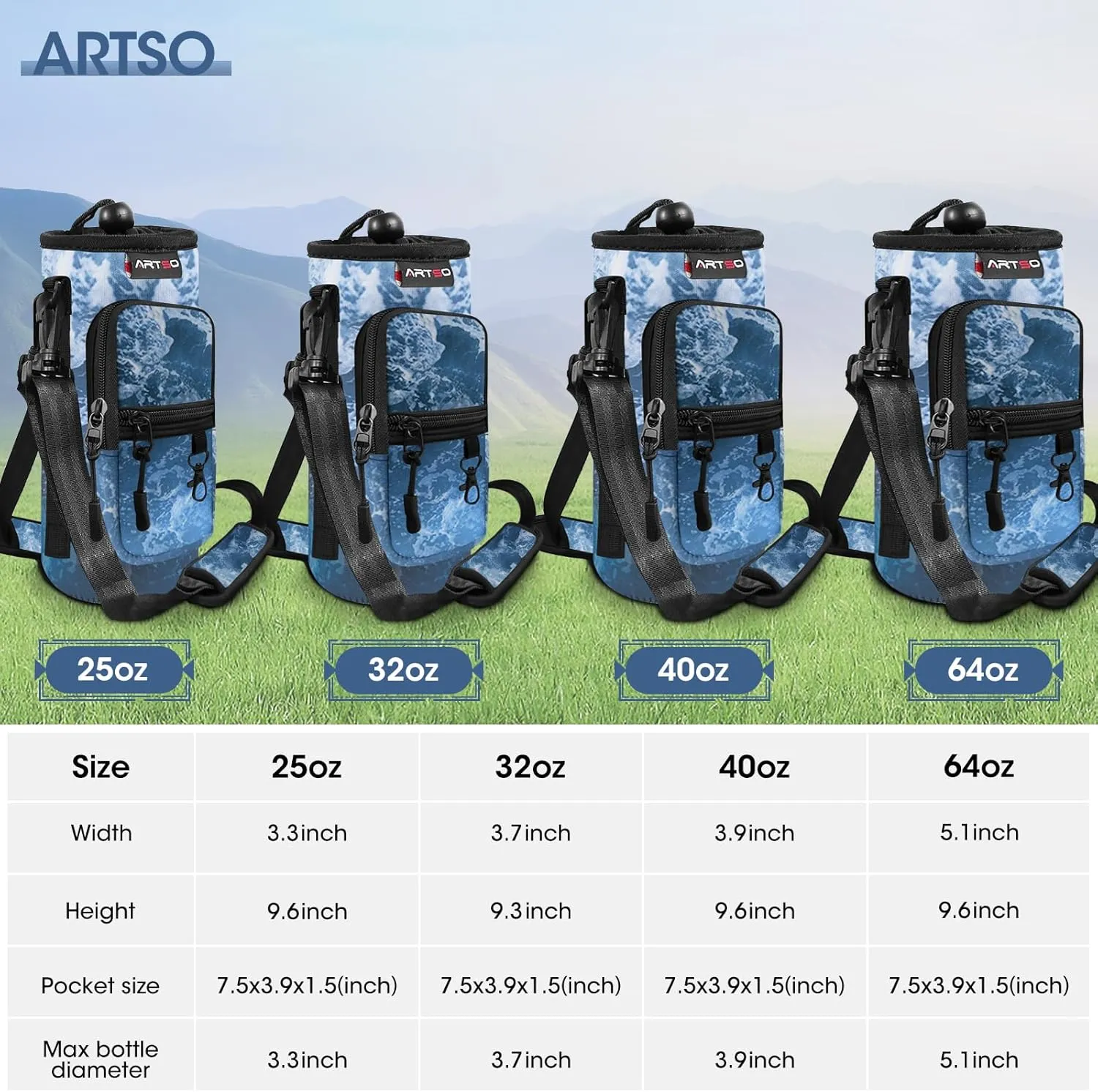 ARTSO Water Bottle Carrier Bag Sling Holder Pouch, 25oz 32oz 40oz 64oz Insulated Water Bottle Sleeve Case Cover with Adjustable Shoulder Hand Strap Pocket for Hiking Camping Travelling, Ocean Waves
