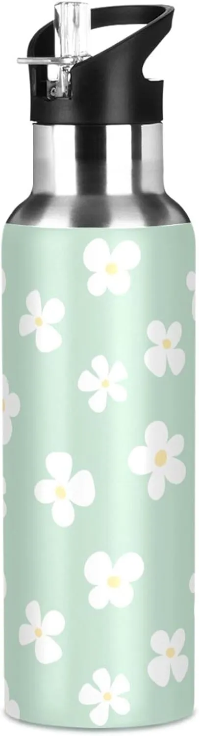Aslsiy 32oz Sports Water Bottle White Flowers Insulated Water Bottle Light Green Stainless Steel Gym Bottle Metal Water Flask Thermos