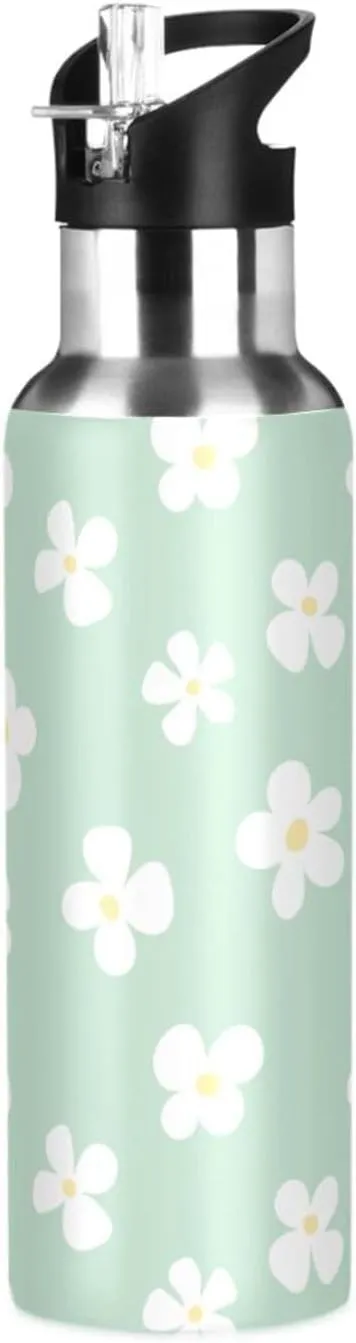 Aslsiy 32oz Sports Water Bottle White Flowers Insulated Water Bottle Light Green Stainless Steel Gym Bottle Metal Water Flask Thermos