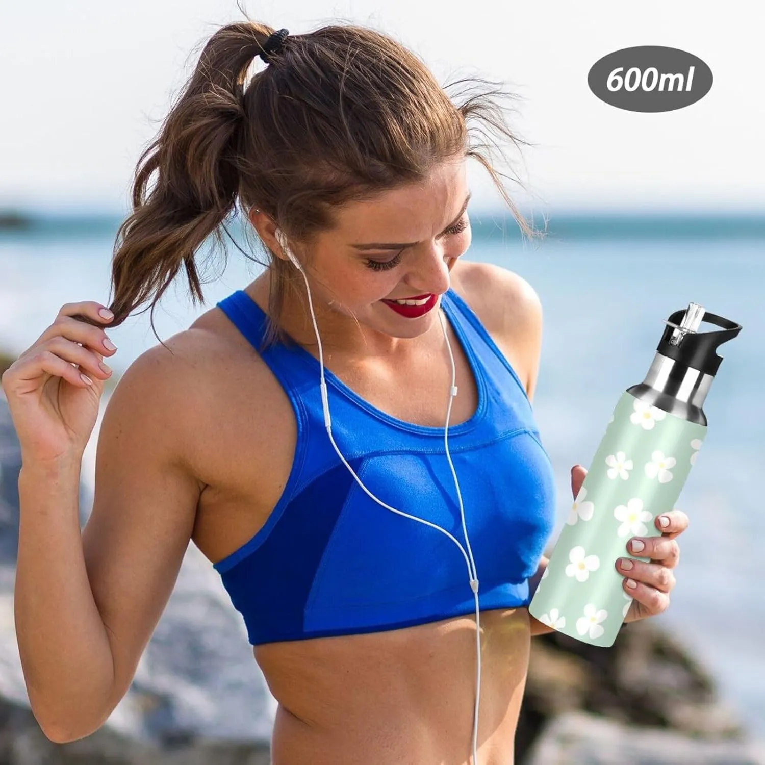 Aslsiy 32oz Sports Water Bottle White Flowers Insulated Water Bottle Light Green Stainless Steel Gym Bottle Metal Water Flask Thermos