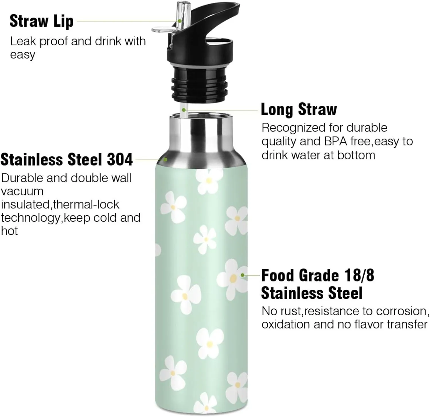 Aslsiy 32oz Sports Water Bottle White Flowers Insulated Water Bottle Light Green Stainless Steel Gym Bottle Metal Water Flask Thermos