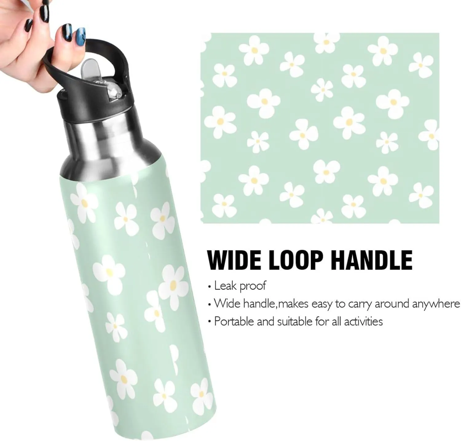Aslsiy 32oz Sports Water Bottle White Flowers Insulated Water Bottle Light Green Stainless Steel Gym Bottle Metal Water Flask Thermos