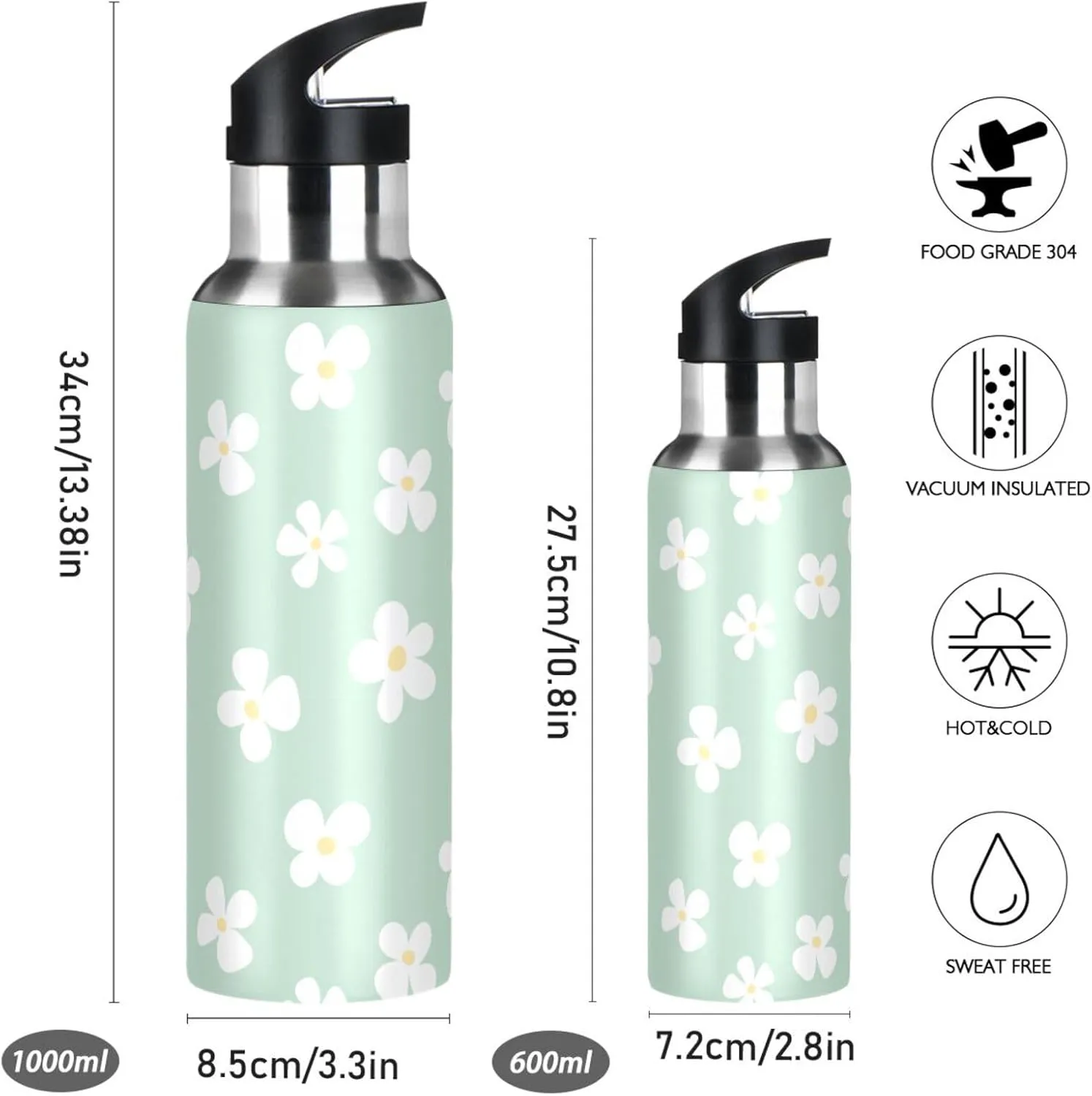 Aslsiy 32oz Sports Water Bottle White Flowers Insulated Water Bottle Light Green Stainless Steel Gym Bottle Metal Water Flask Thermos