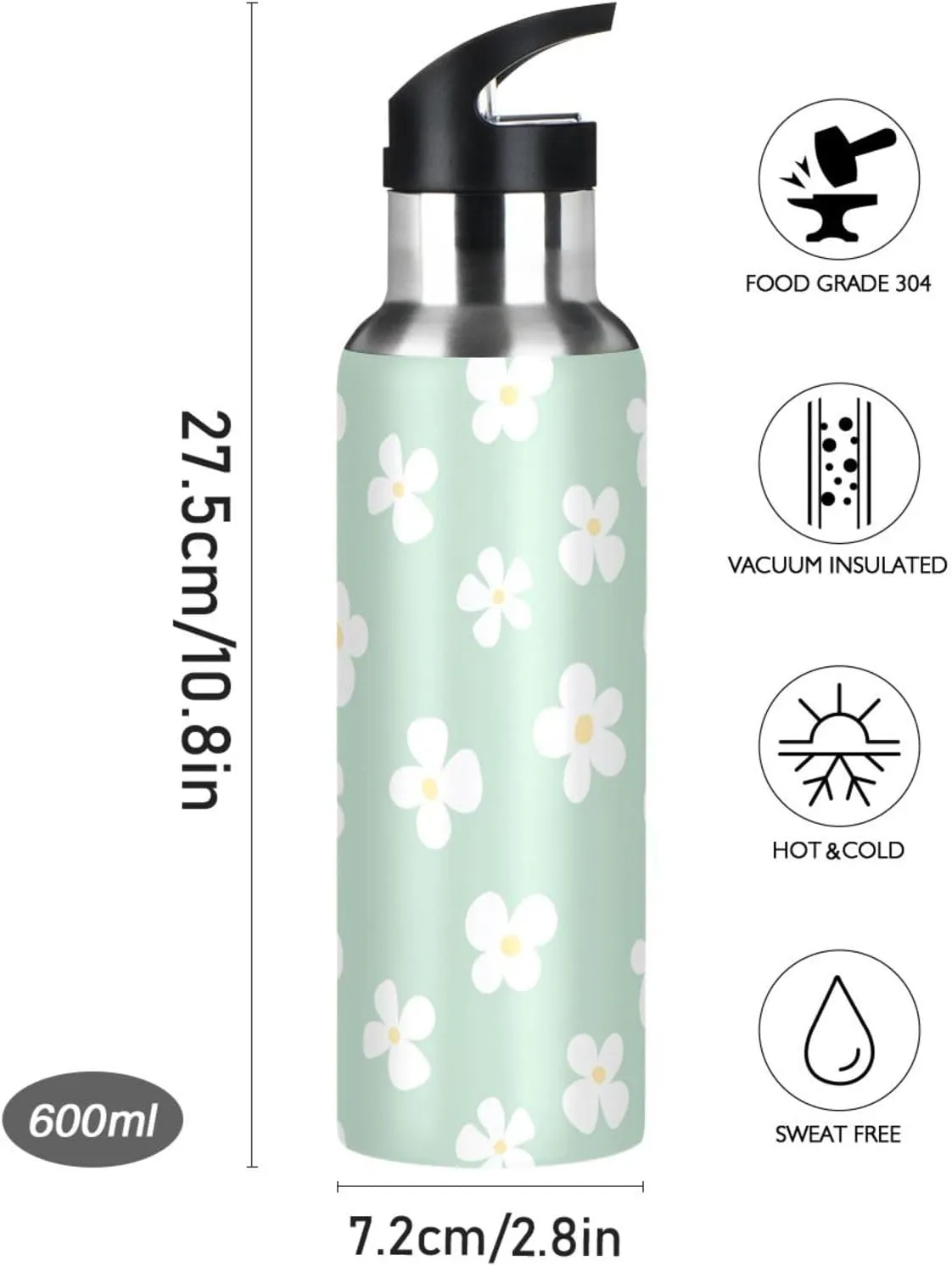 Aslsiy 32oz Sports Water Bottle White Flowers Insulated Water Bottle Light Green Stainless Steel Gym Bottle Metal Water Flask Thermos