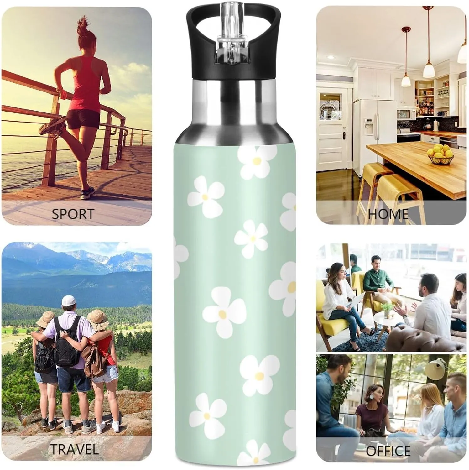 Aslsiy 32oz Sports Water Bottle White Flowers Insulated Water Bottle Light Green Stainless Steel Gym Bottle Metal Water Flask Thermos