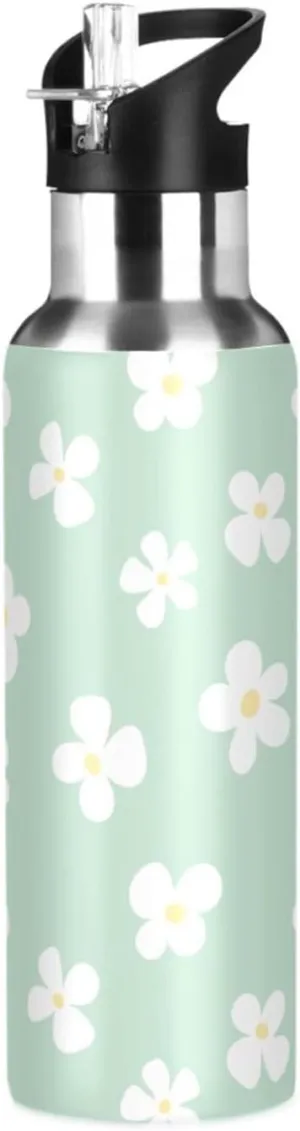 Aslsiy 32oz Sports Water Bottle White Flowers Insulated Water Bottle Light Green Stainless Steel Gym Bottle Metal Water Flask Thermos
