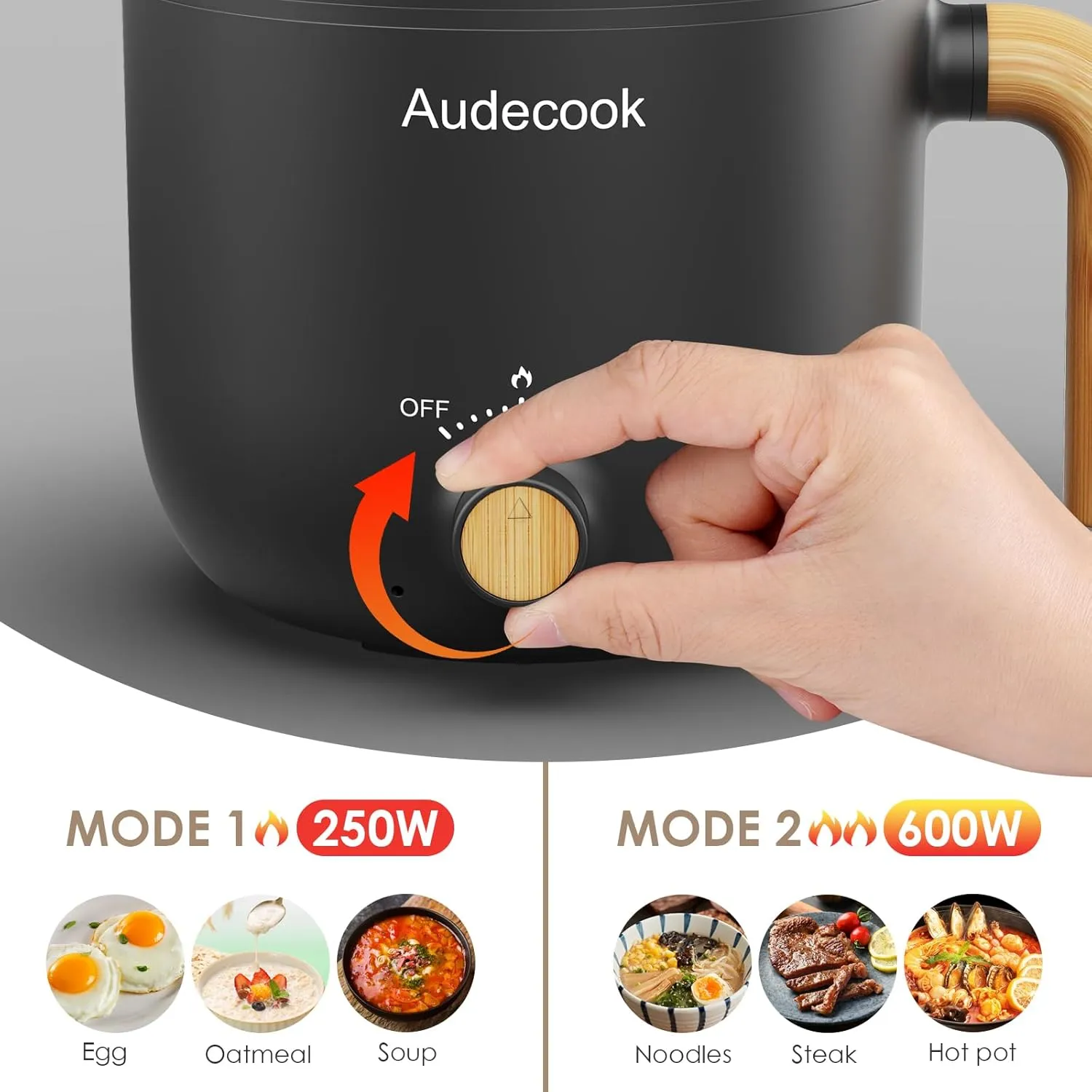 Audecook Hot Pot Electric, 1.5L Rapid Noodles Cooker, Portable Nonstick Mini Multicooker, Travel Electric Pot with Dual Power Control for Ramen/Pasta/Soup/Steak/Egg/Oatmeal (Black)