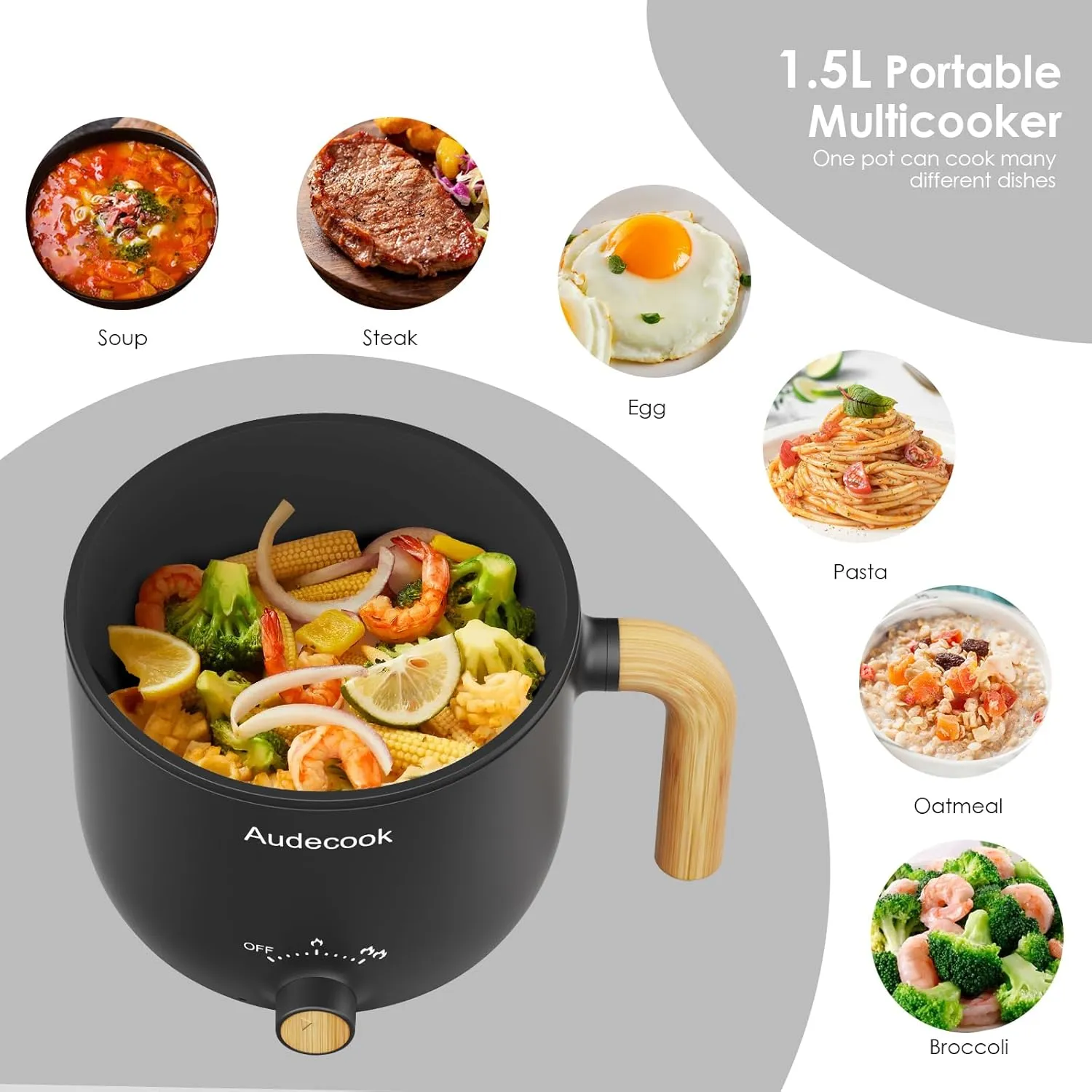 Audecook Hot Pot Electric, 1.5L Rapid Noodles Cooker, Portable Nonstick Mini Multicooker, Travel Electric Pot with Dual Power Control for Ramen/Pasta/Soup/Steak/Egg/Oatmeal (Black)