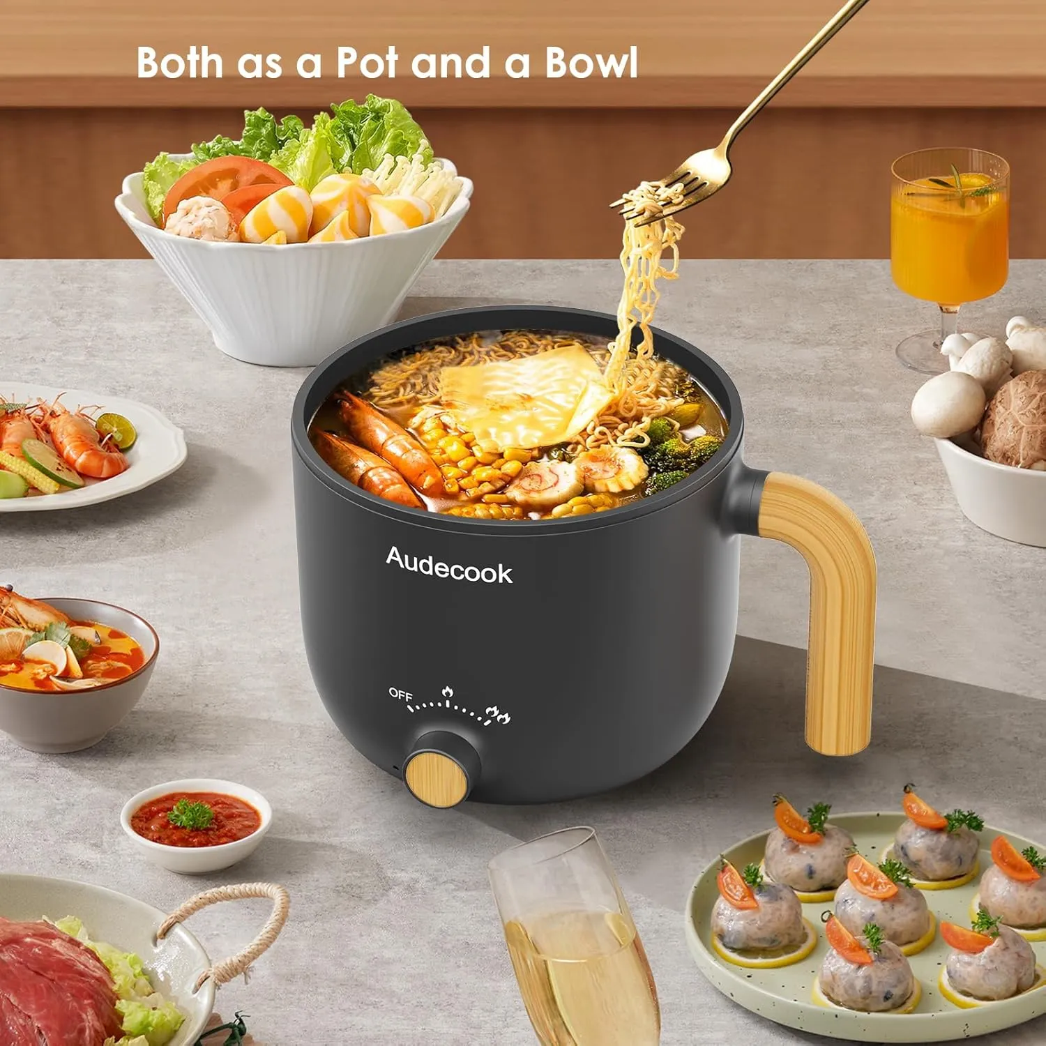 Audecook Hot Pot Electric, 1.5L Rapid Noodles Cooker, Portable Nonstick Mini Multicooker, Travel Electric Pot with Dual Power Control for Ramen/Pasta/Soup/Steak/Egg/Oatmeal (Black)