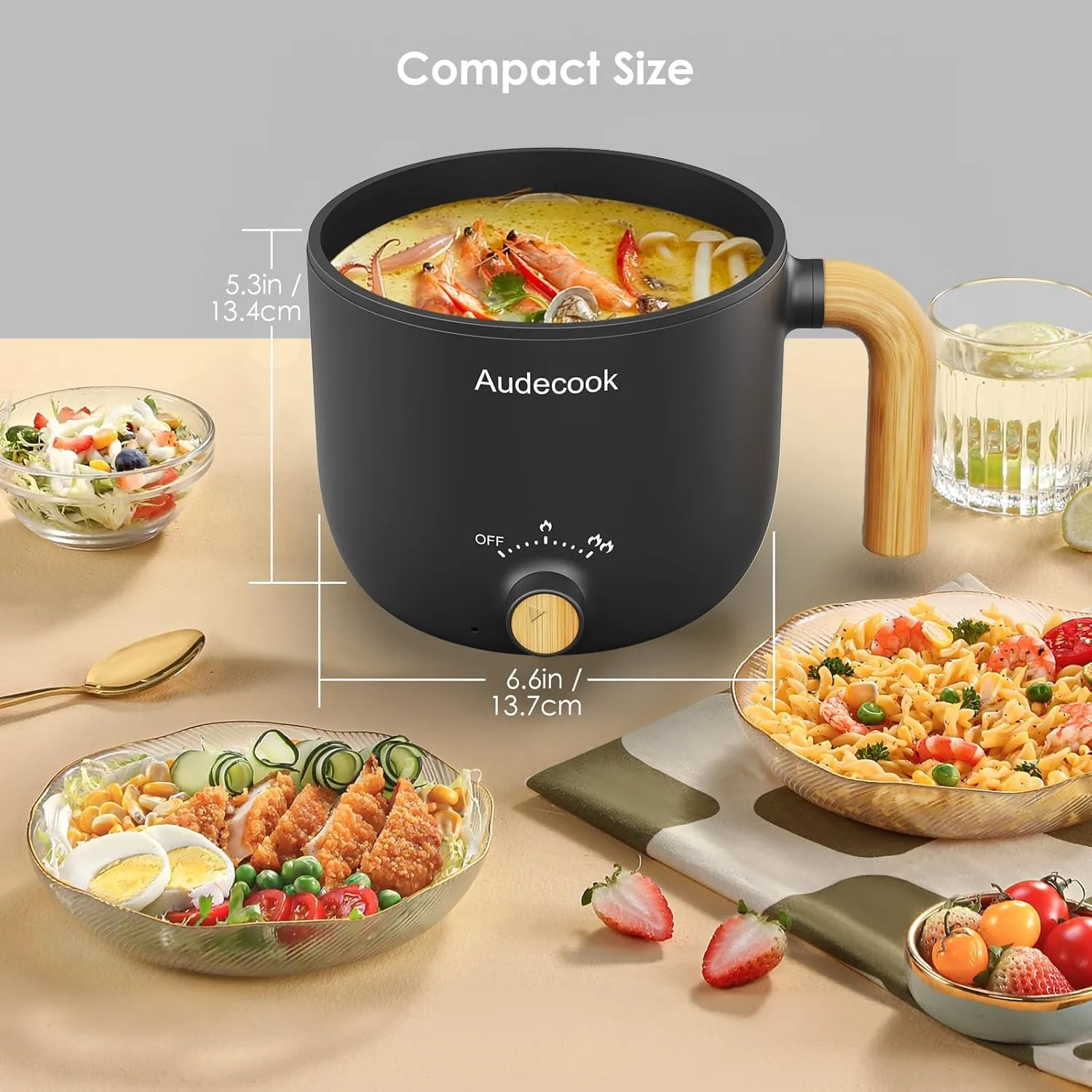 Audecook Hot Pot Electric, 1.5L Rapid Noodles Cooker, Portable Nonstick Mini Multicooker, Travel Electric Pot with Dual Power Control for Ramen/Pasta/Soup/Steak/Egg/Oatmeal (Black)