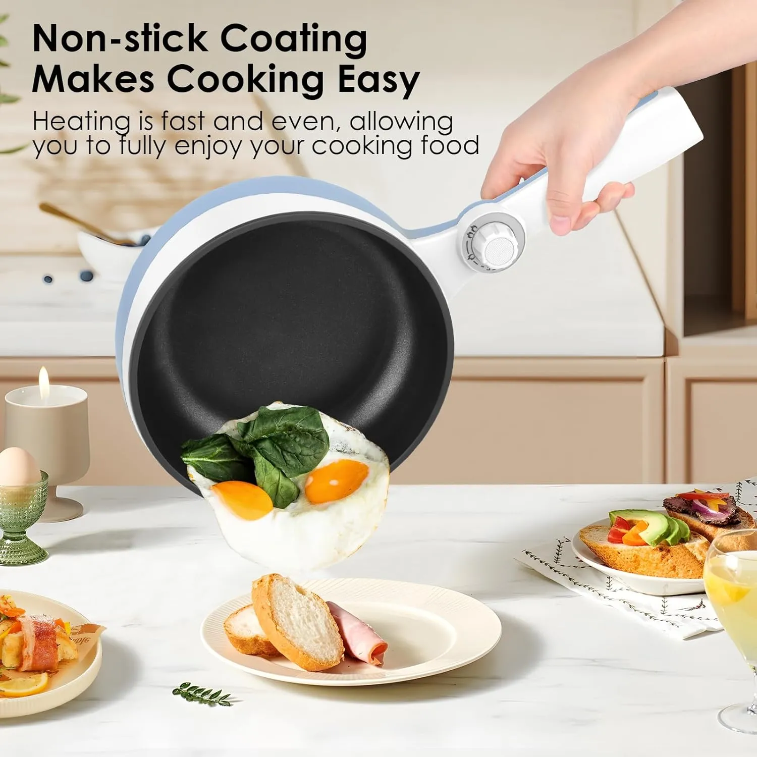 Audecook Hot Pot Electric, 1.7L Mini Electric Skillet Portable Nonstick Sauté Pan with Power Adjustment, Rapid Noodles Cooker Travel Multicooker for Steak/Soup/Egg/Oatmeal/Noodles