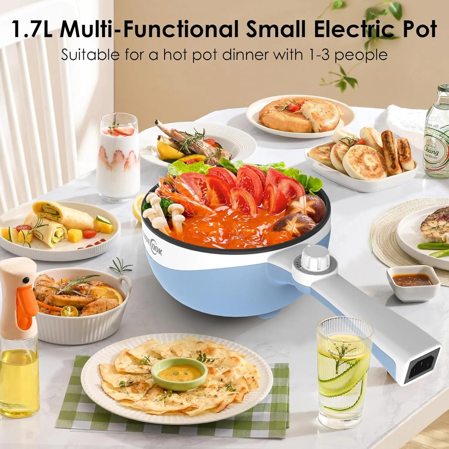 Audecook Hot Pot Electric, 1.7L Mini Electric Skillet Portable Nonstick Sauté Pan with Power Adjustment, Rapid Noodles Cooker Travel Multicooker for Steak/Soup/Egg/Oatmeal/Noodles