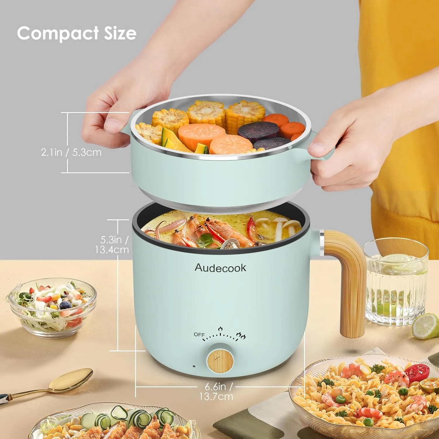 Audecook Hot Pot Electric with Steamer, 1.5L Portable Nonstick Mini Multicooker, Travel Electric Skillet with Dual Power Control for Pasta/Soup/Steak/Egg/Oatmeal (Green)