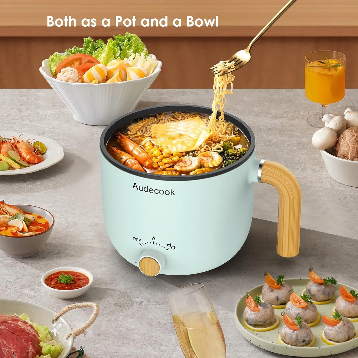 Audecook Hot Pot Electric with Steamer, 1.5L Portable Nonstick Mini Multicooker, Travel Electric Skillet with Dual Power Control for Pasta/Soup/Steak/Egg/Oatmeal (Green)