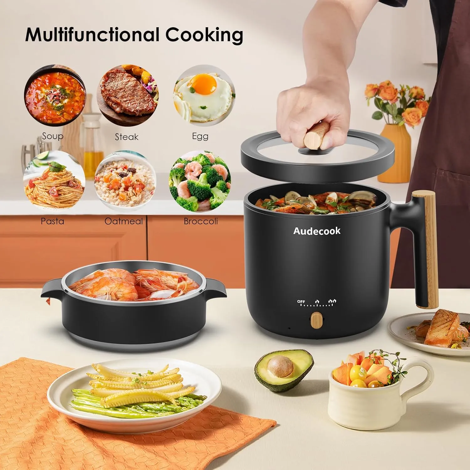 Audecook Hot Pot Electric with Steamer, 1.8L Portable Mini Travel Cooker, Multifunctional Non-Stick Electric Skillet for Stir Fry/Stew/Steam, Perfect for Ramen Noodles/Pasta/Egg/Soup/Oatmeal(Black)