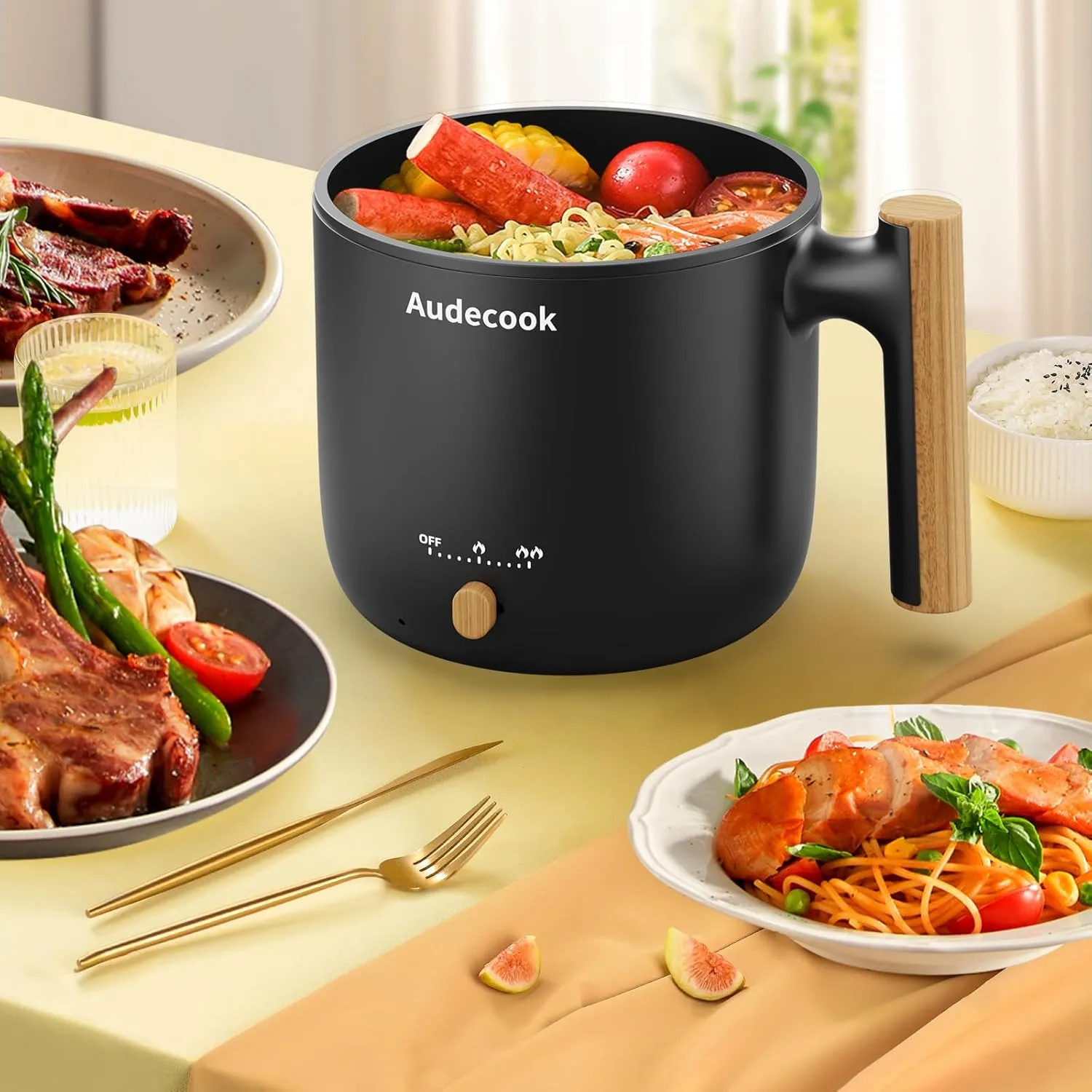 Audecook Hot Pot Electric with Steamer, 1.8L Portable Mini Travel Cooker, Multifunctional Non-Stick Electric Skillet for Stir Fry/Stew/Steam, Perfect for Ramen Noodles/Pasta/Egg/Soup/Oatmeal(Black)