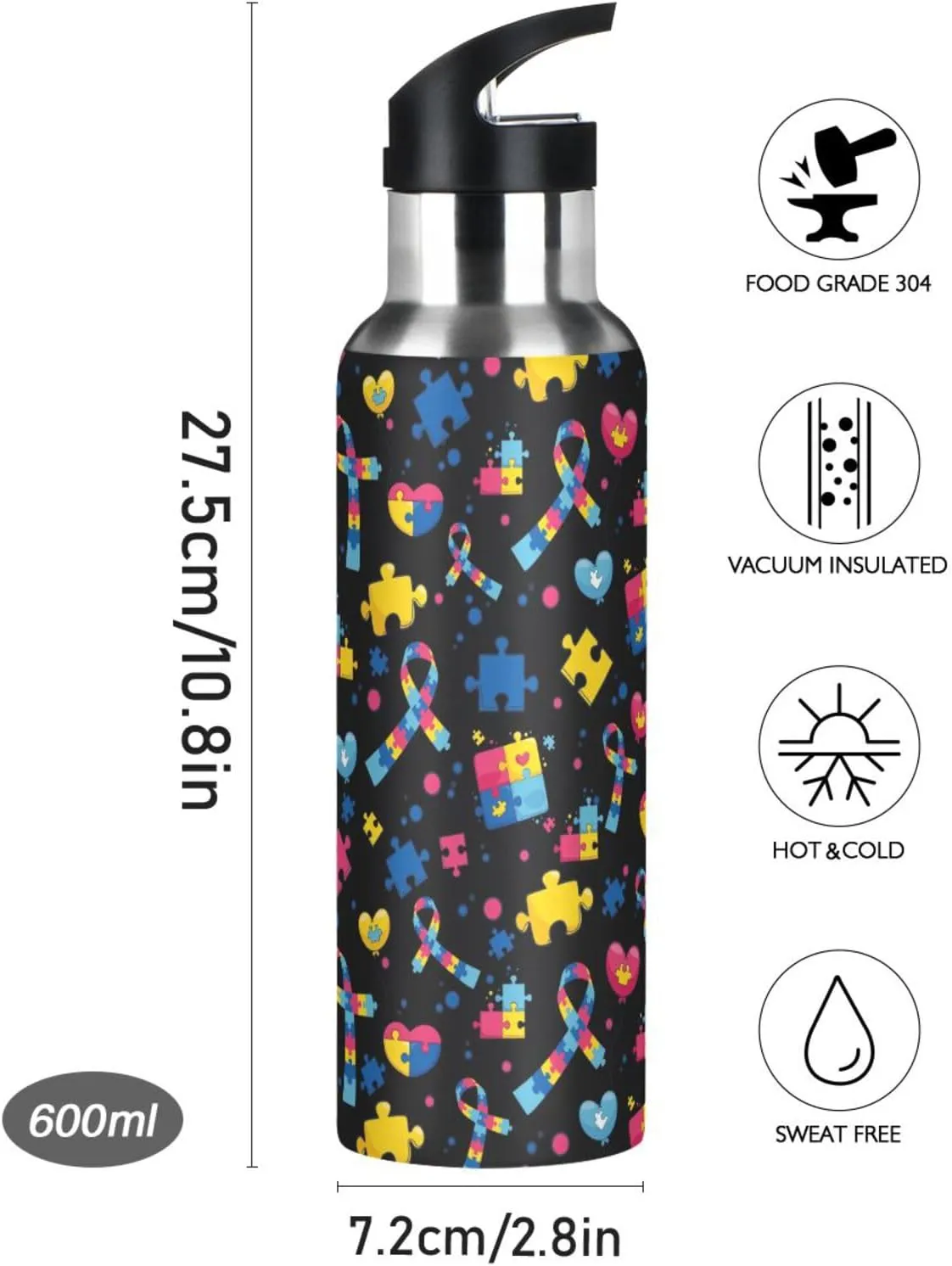 Autism Stainless Steel Water Bottle with Straw Lid - 20 Oz Sports Insulated Water Bottle Thermos for Sport Gym Outdoor Travel School (07-B14)
