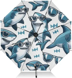Automatic Folding Umbrella for Rain, Funny Sharks Travel Umbrella UV Protection Large Windproof Inverted Umbrella with Cover Bag, 8 Ribs