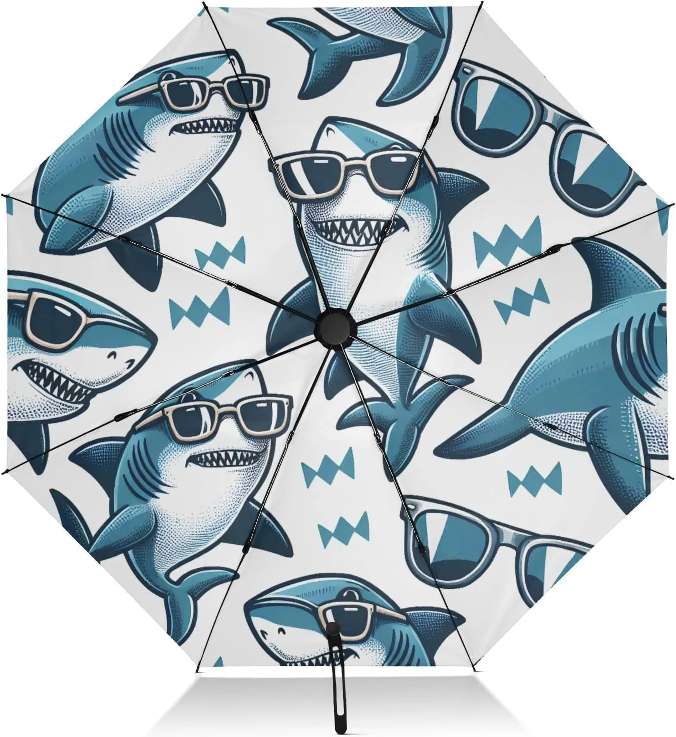 Automatic Folding Umbrella for Rain, Funny Sharks Travel Umbrella UV Protection Large Windproof Inverted Umbrella with Cover Bag, 8 Ribs