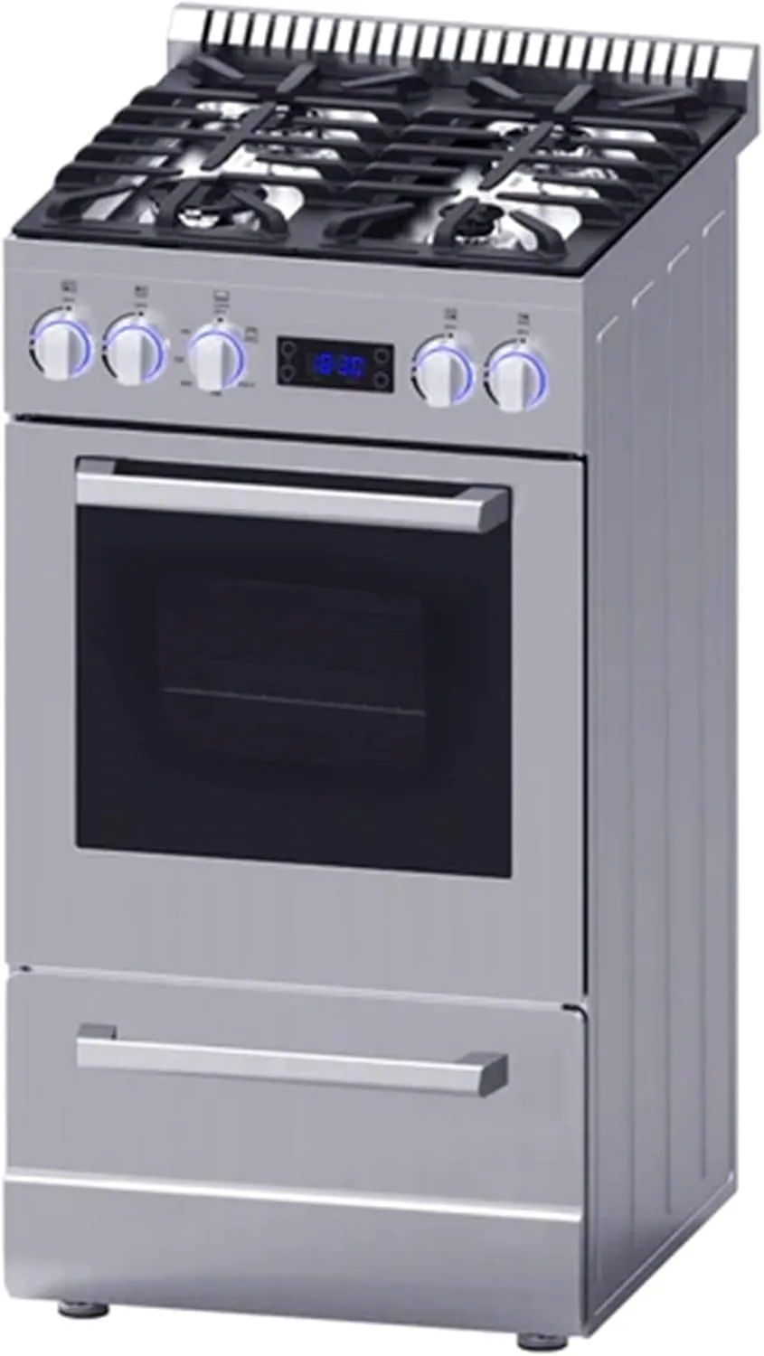 Avanti Gas Range Oven ELITE Series Compact Freestanding Design, 2.1-Cu.Ft. Capacity 4 Sealed Burners with Electronic Ignition, Includes Broiler Storage Drawer and Accessories, 20-Inch, Stainless Steel