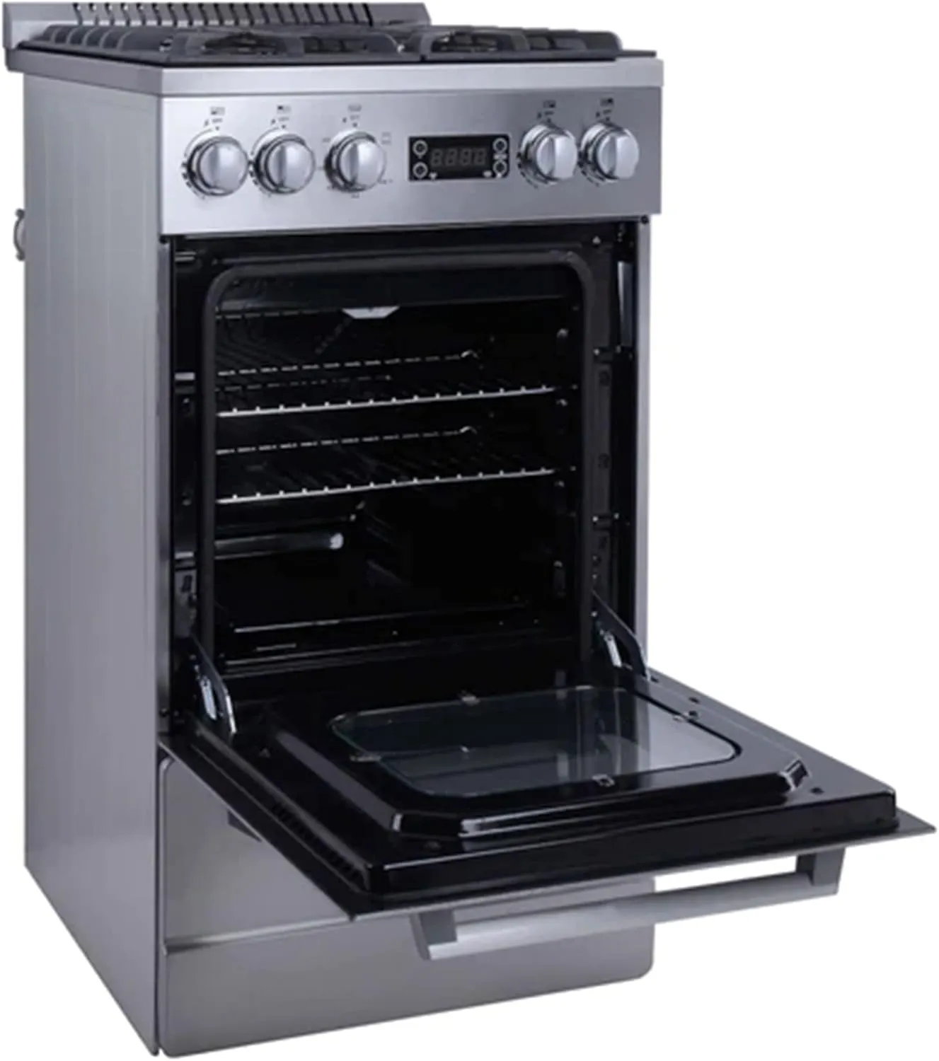 Avanti Gas Range Oven ELITE Series Compact Freestanding Design, 2.1-Cu.Ft. Capacity 4 Sealed Burners with Electronic Ignition, Includes Broiler Storage Drawer and Accessories, 20-Inch, Stainless Steel