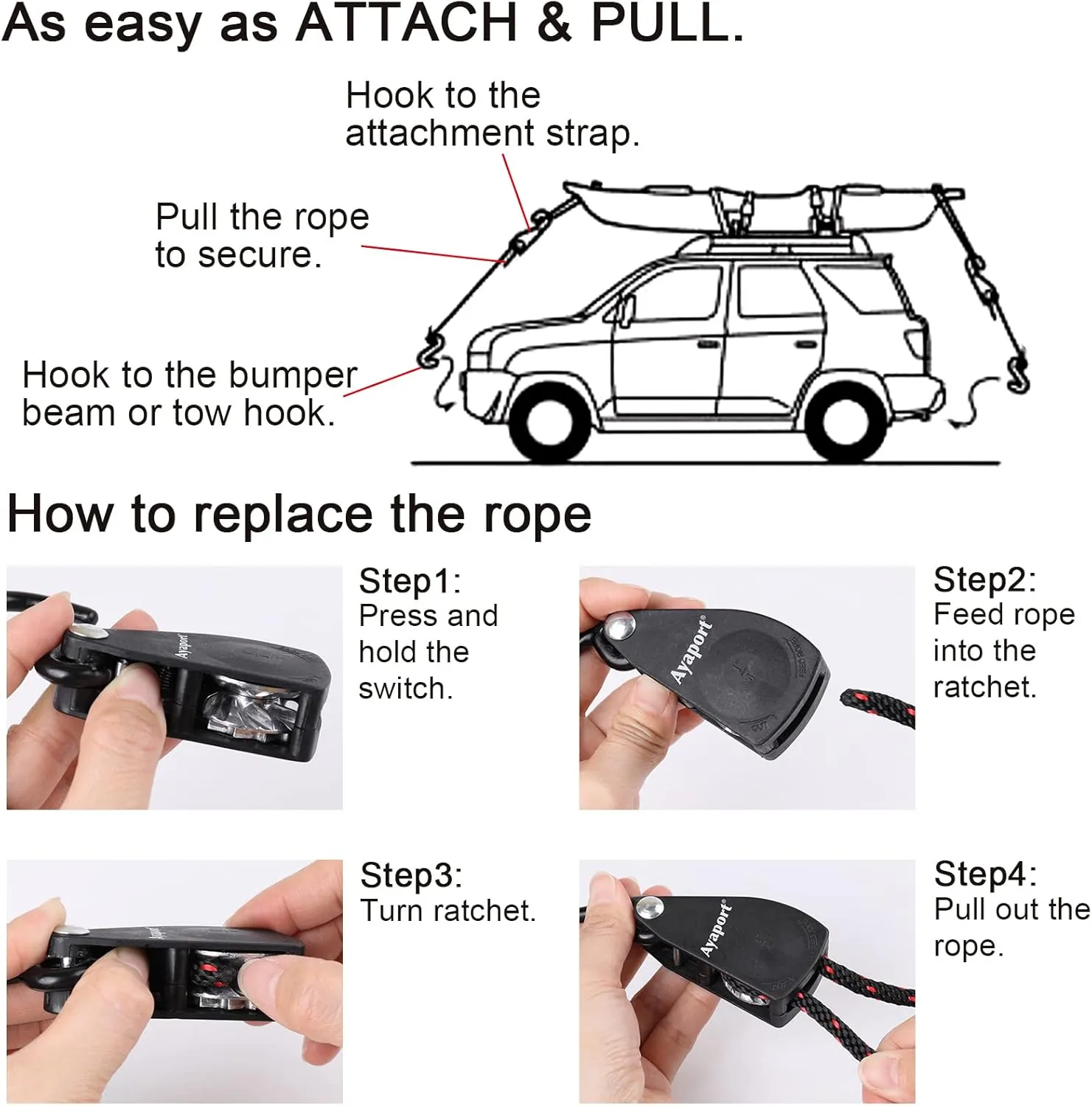 Ayaport Kayak Rope Tie Down Ratchet Straps Bow and Stern Ratcheting Tie Downs Rope Hanger Kayak and Canoe Accessories