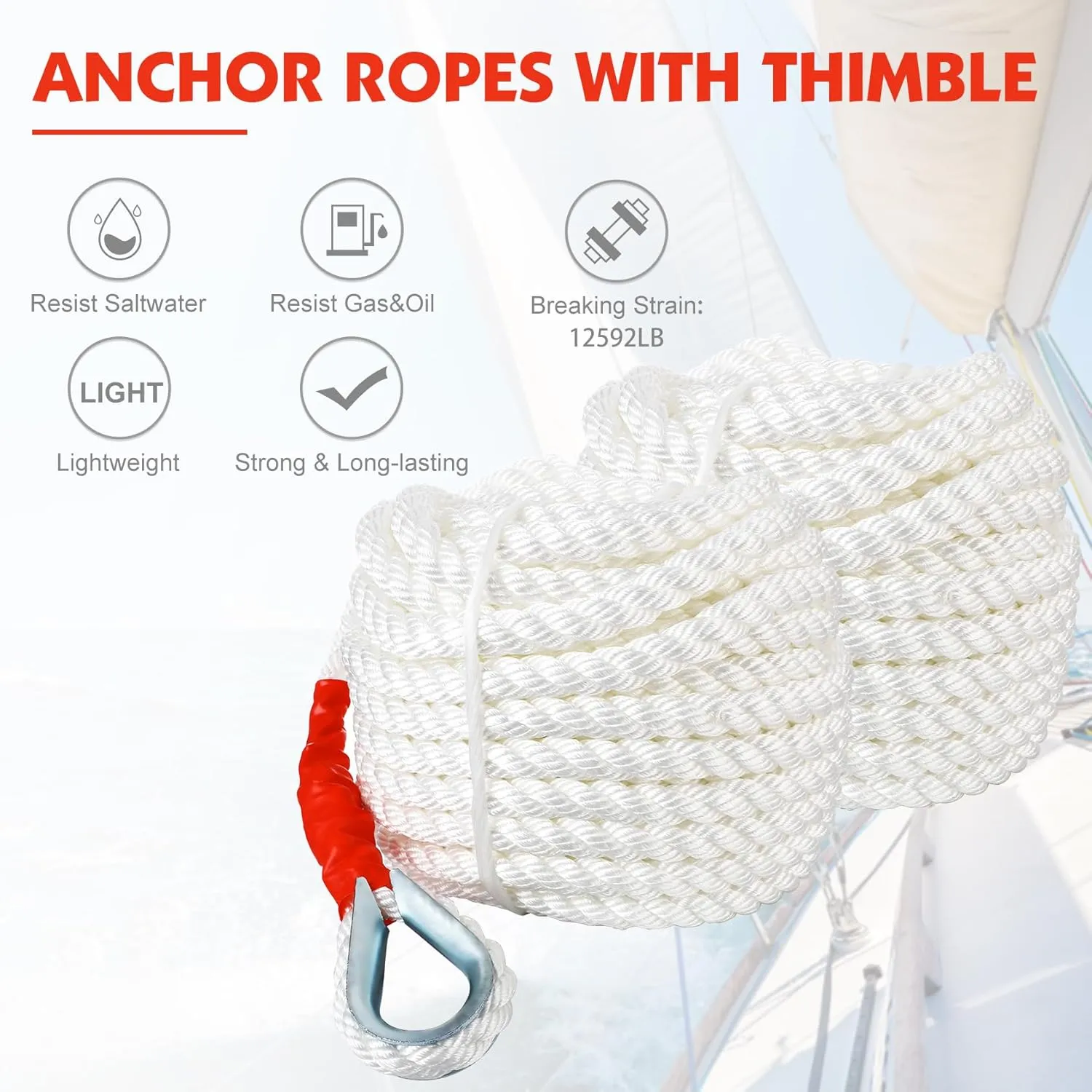 B4B BANG 4 BUCK 3/4" x50' Anchor Rope, Polypropylene Docking Dockline Boat/Sailboat/Mooring/Pull Lines with Thimble, 12592LB Breaking Strain
