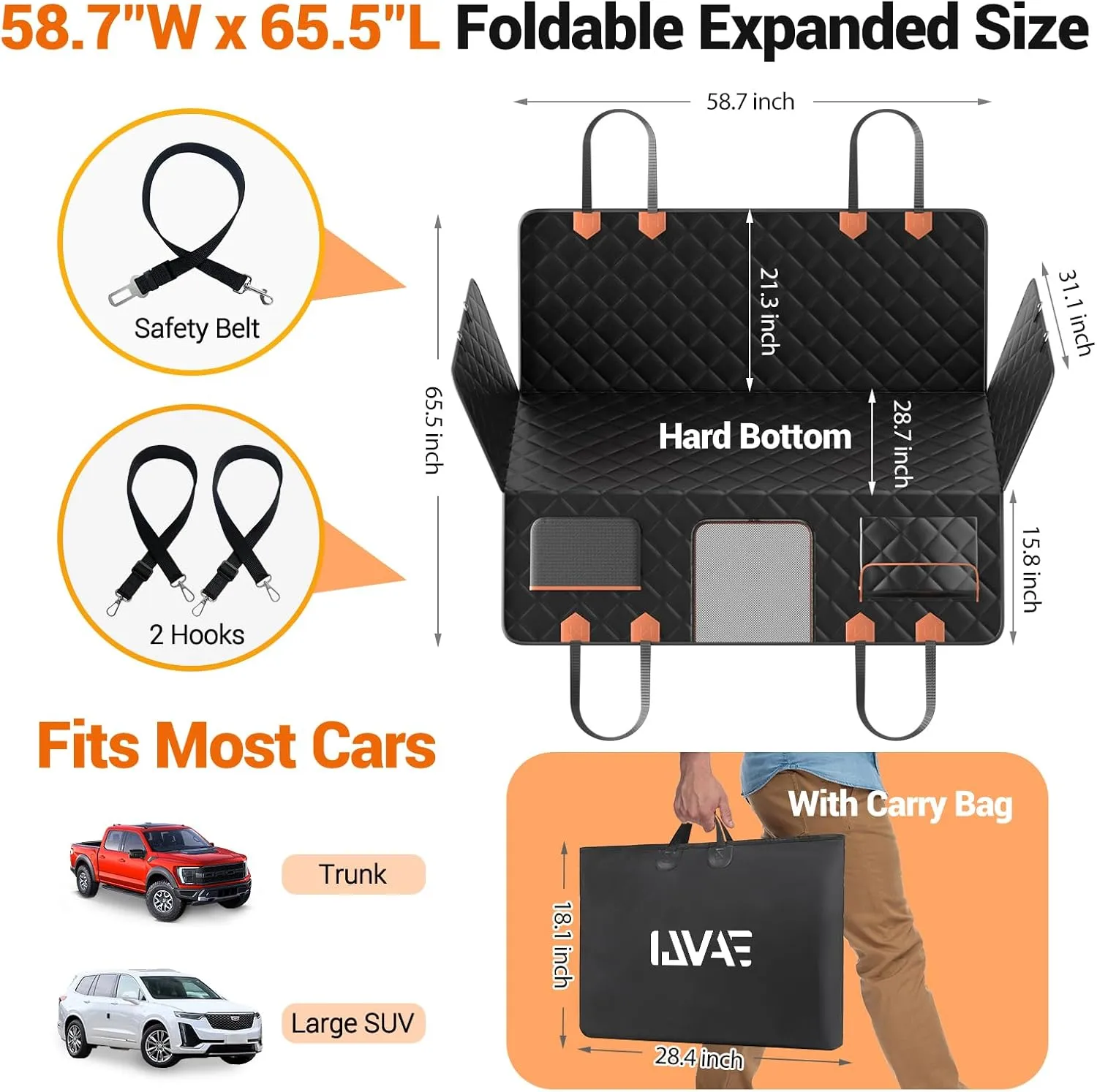 Back Seat Extender for Dogs Hard Bottom Holds 500lbs,Waterproof Dog Car Seat Cover for Back Seat, Truck-Large Space Dog Hammock for Truck