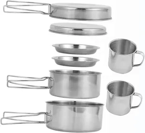 balacoo Compact Stainless Steel Camping Pot Set Includes Pan Plates Cups for Outdoor Activities