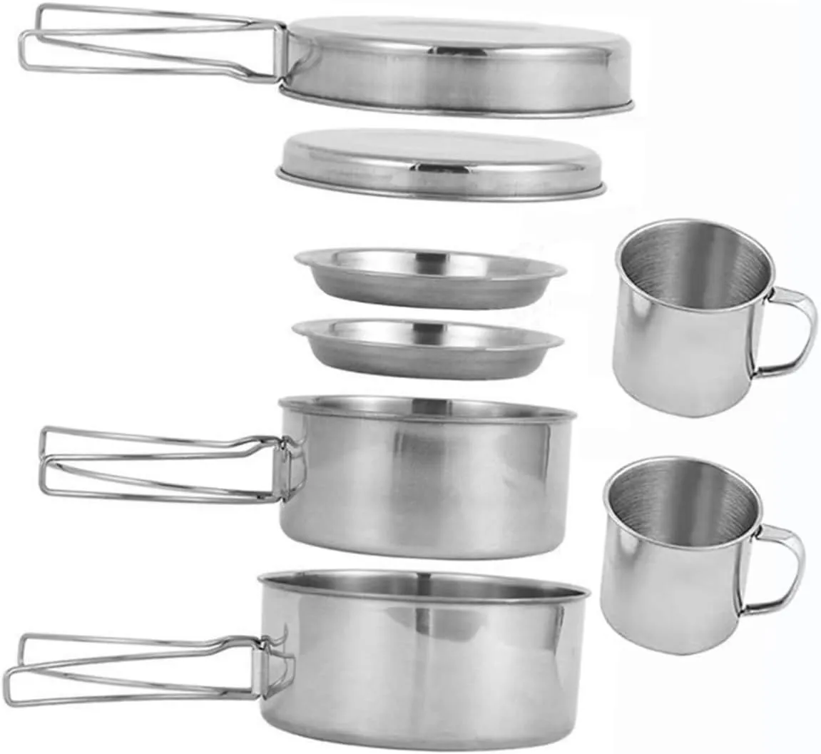 balacoo Compact Stainless Steel Camping Pot Set Includes Pan Plates Cups for Outdoor Activities