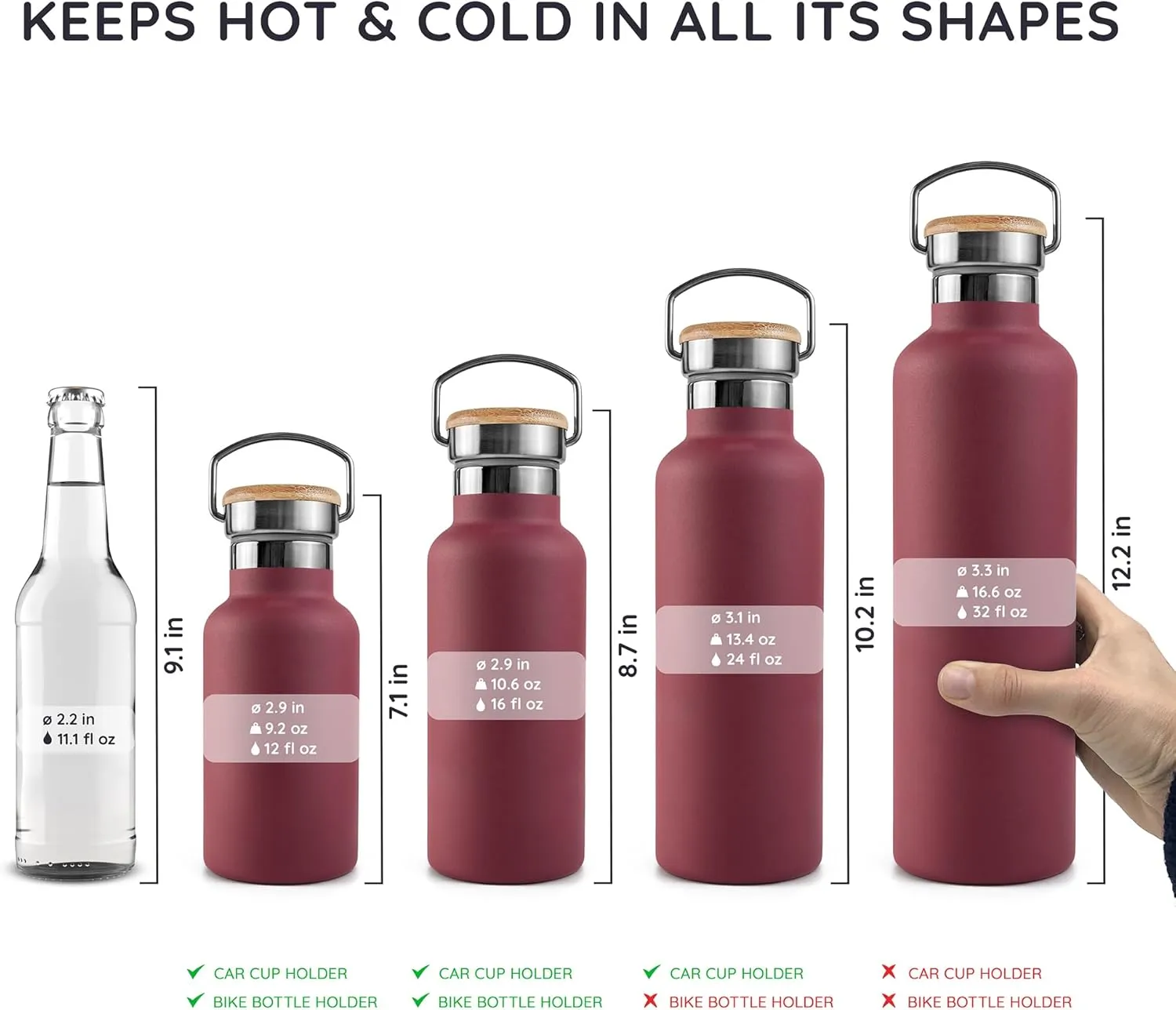 Bambaw 24 oz Insulated Stainless Steel Water Bottle, Red Berry - BPA Free, No Straw