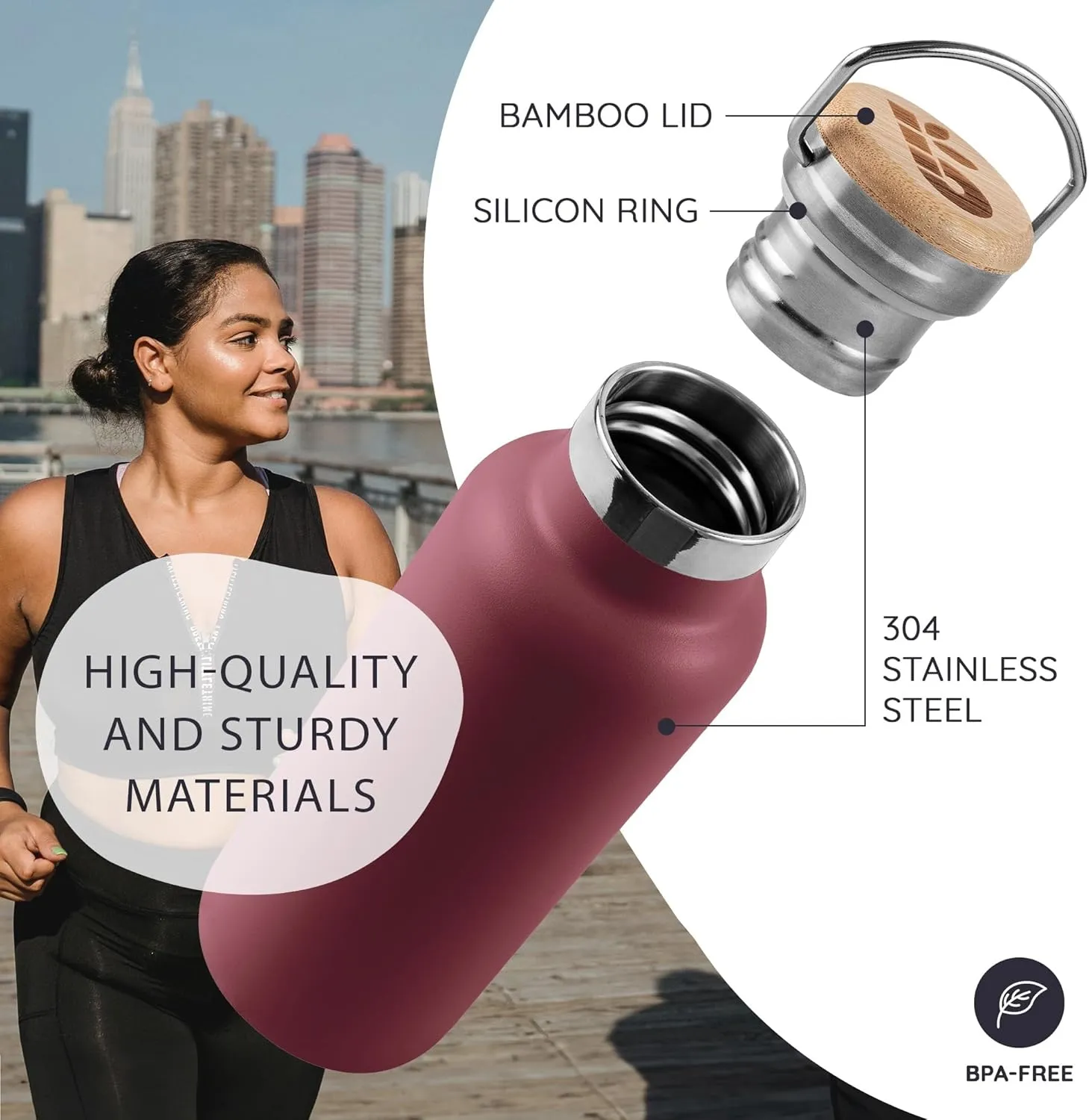 Bambaw 24 oz Insulated Stainless Steel Water Bottle, Red Berry - BPA Free, No Straw
