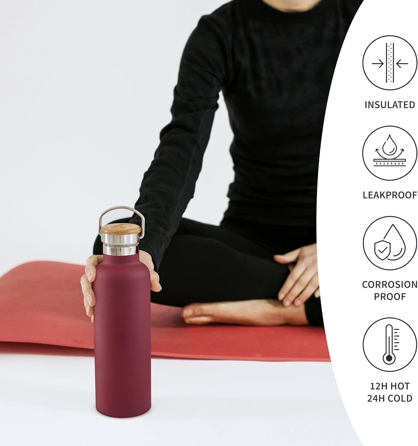 Bambaw 24 oz Insulated Stainless Steel Water Bottle, Red Berry - BPA Free, No Straw