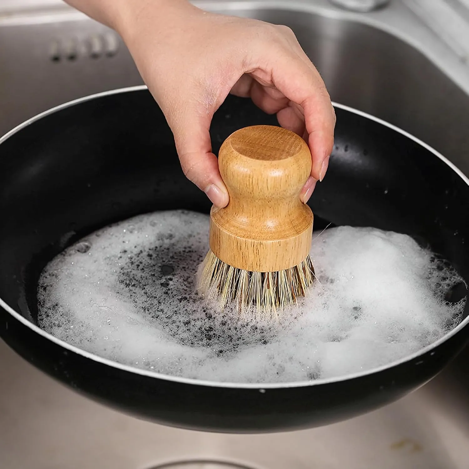 Bamboo Round Palm Pot Scrubber- 2 Packs Mini Dish Brush Natural Scrub Brush Durable Scrubber Cleaning Kit for Cleaning Pots, Pans (Palm, S)