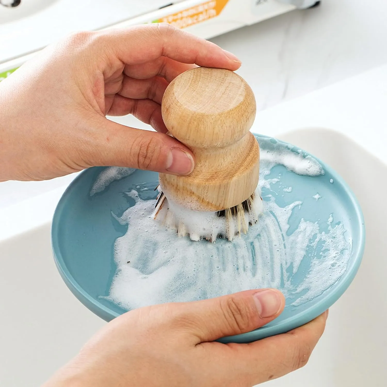 Bamboo Round Palm Pot Scrubber- 2 Packs Mini Dish Brush Natural Scrub Brush Durable Scrubber Cleaning Kit for Cleaning Pots, Pans (Palm, S)