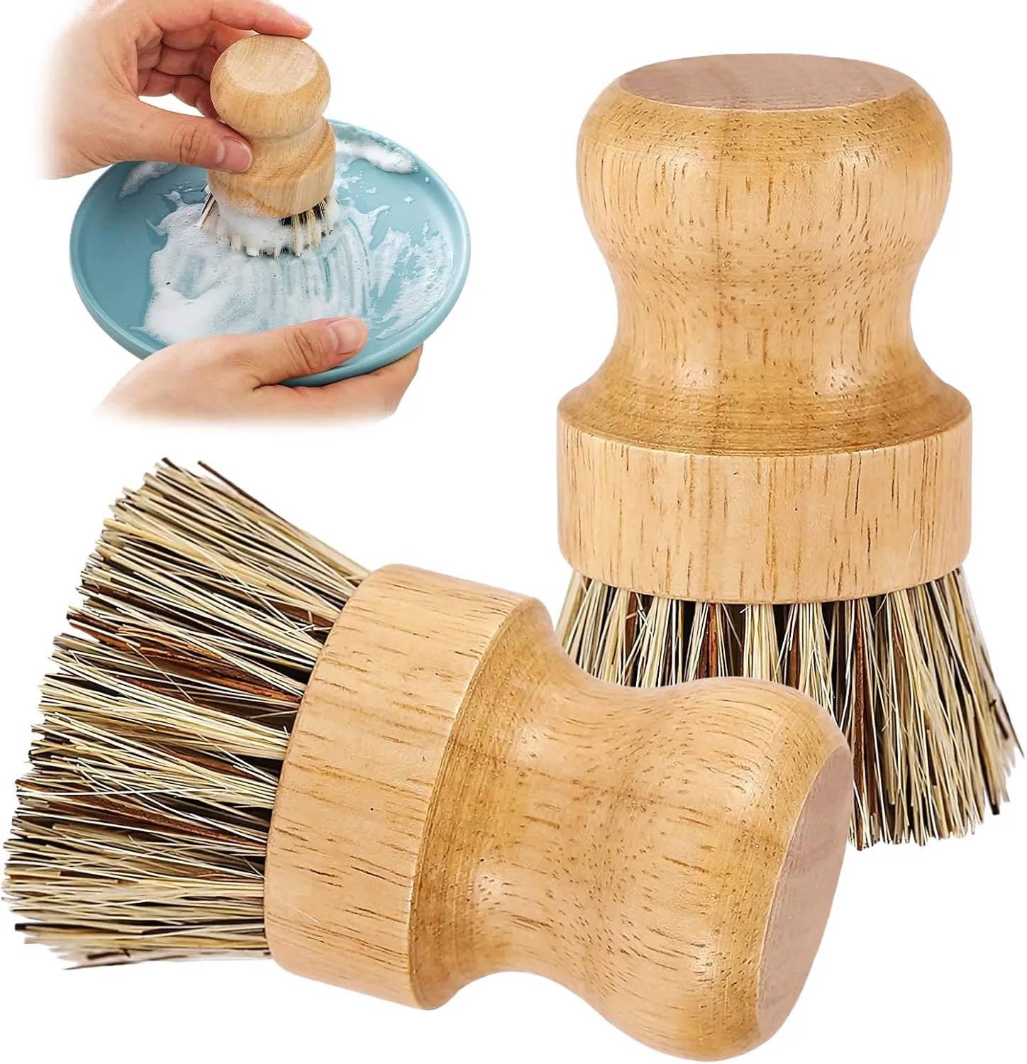 Bamboo Round Palm Pot Scrubber- 2 Packs Mini Dish Brush Natural Scrub Brush Durable Scrubber Cleaning Kit for Cleaning Pots, Pans (Palm, S)